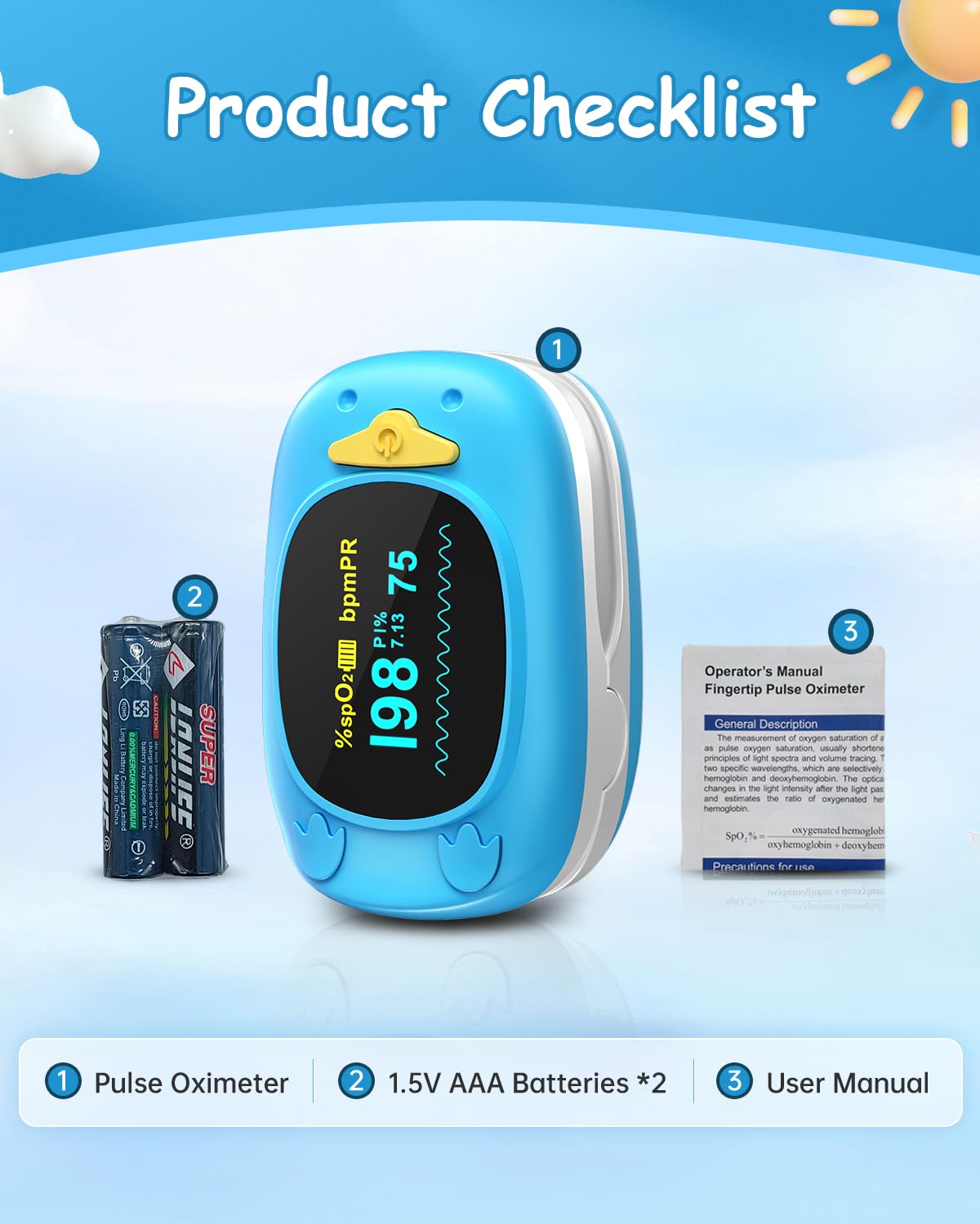 **Kids Fingertip Pulse Oximeter - Portable Blood Oxygen Saturation Monitor for Children with OLED Display & 2 AAA Batteries - Ideal for Home, Travel, and Sports Activities**