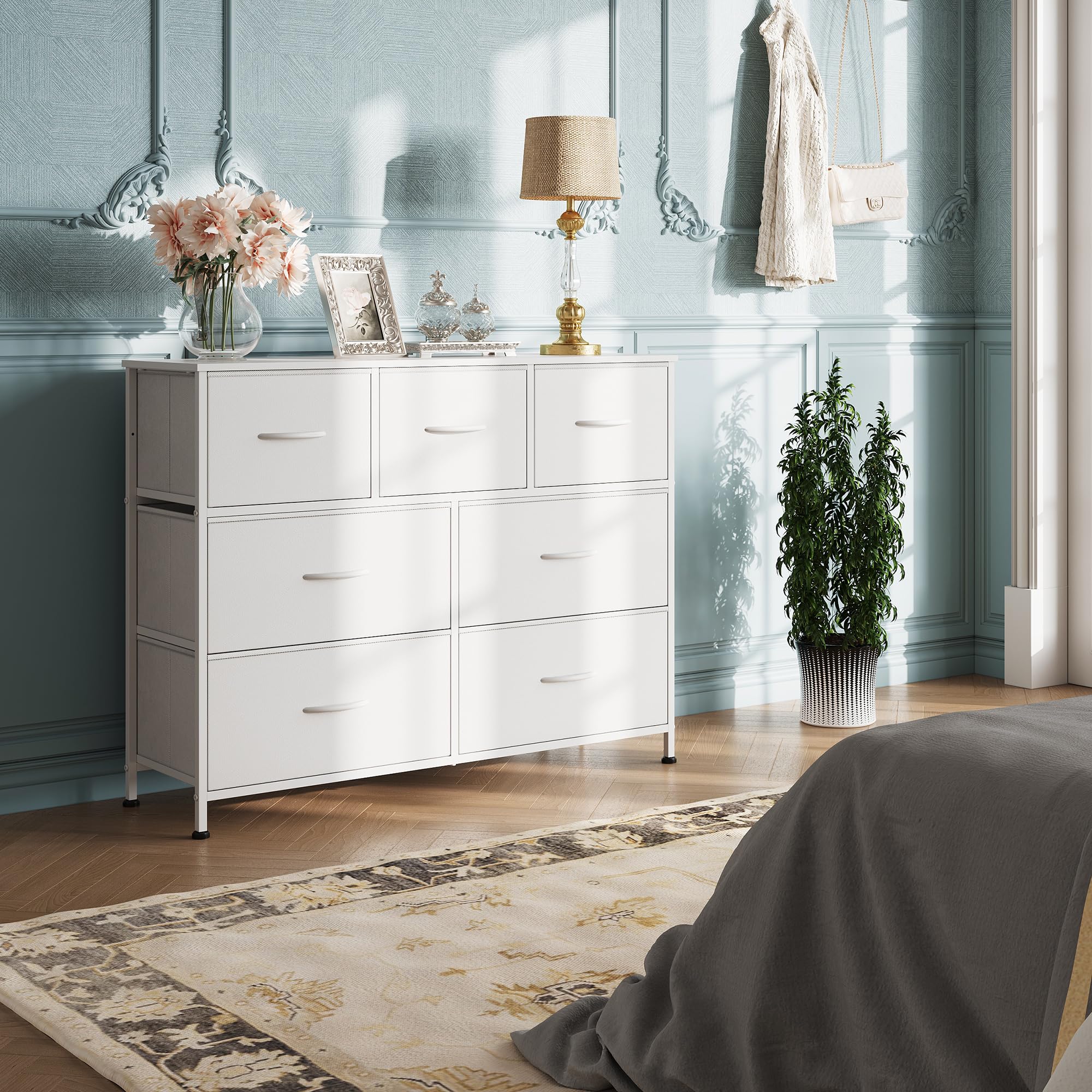 WLIVE 7-Drawer Dresser TV Stand - White Fabric Storage Tower with Sturdy Steel Frame & Wood Top - Easy Pull Handle for Bedroom, Hallway, Entryway & Closet Organization - Perfect for Small Spaces & Apartment Living