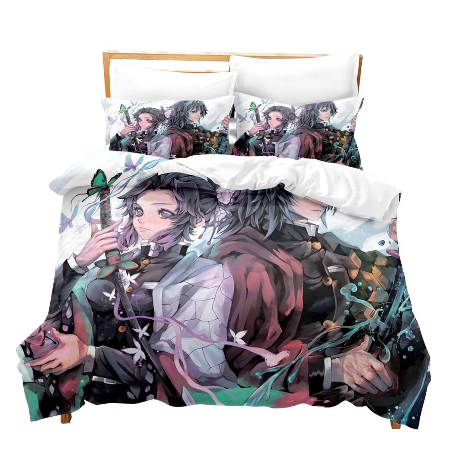 Demon Slayer Bedding Set - Zenitsu & Tanjiro Anime Comforter Set with 1 Duvet Cover & 2 Pillowcases (74x80 Queen Size) - Perfect for Anime Fans' Bedroom Decor & Cosplay Themed Rooms