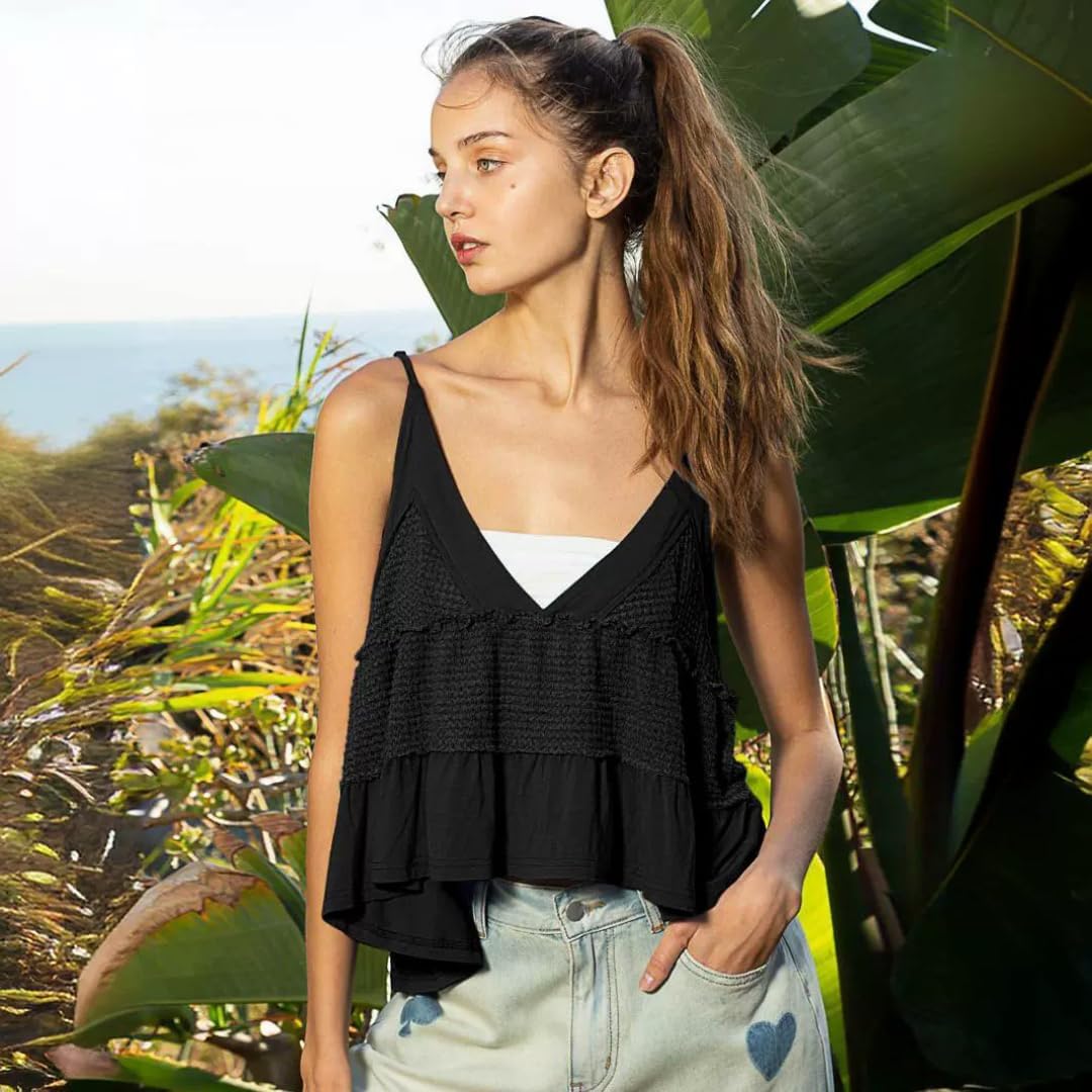 Women's Summer Peplum Top - V Neck Sleeveless Waffle Knit Camisole with Backless Design & Ruffle Hem | Flowy Babydoll Blouse for Casual Wear, Beach Outfits, and Date Nights
