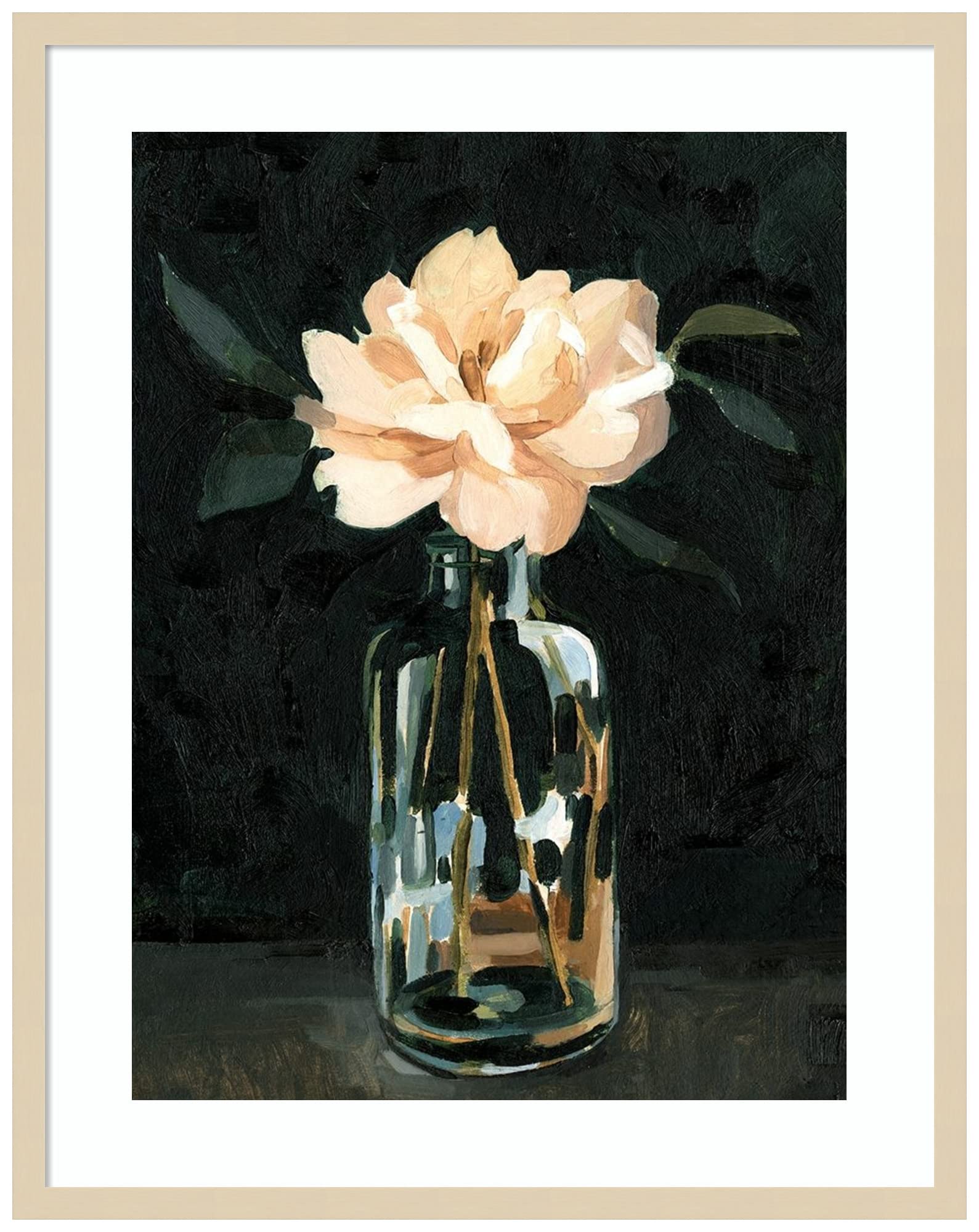 Emma Caroline Dark Rose Arrangement Wood Framed Wall Art Print - 26x33 Inches, Natural Wood Frame - Large Floral Painting for Living Room, Bedroom & Office Decor