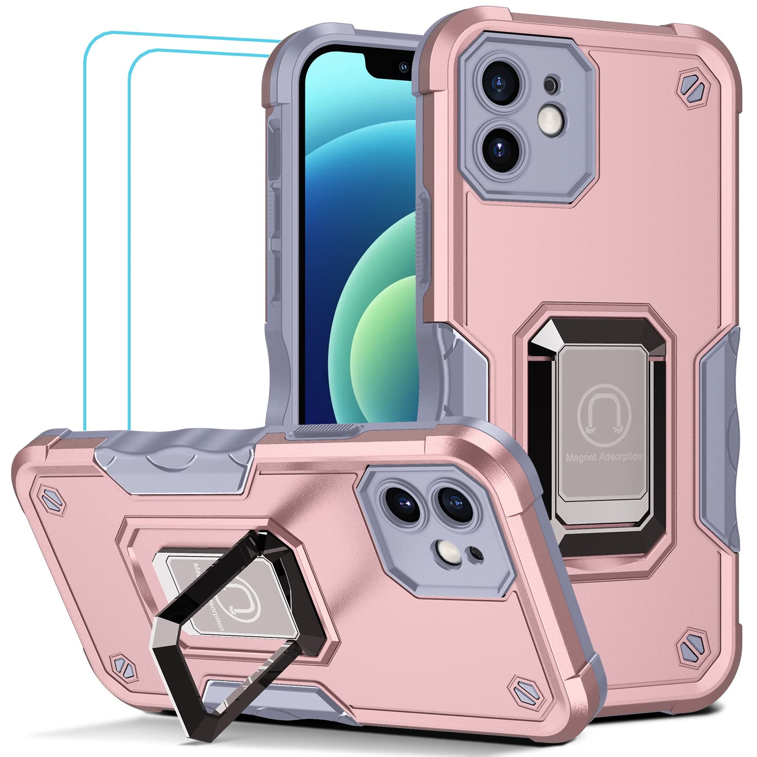 iPhone 11 Case with Built-in Screen Protector & Magnetic Car Mount - Shockproof Kickstand Holder with Camera Protection, Rose Gold - Perfect for Driving, Work & Outdoor Activities