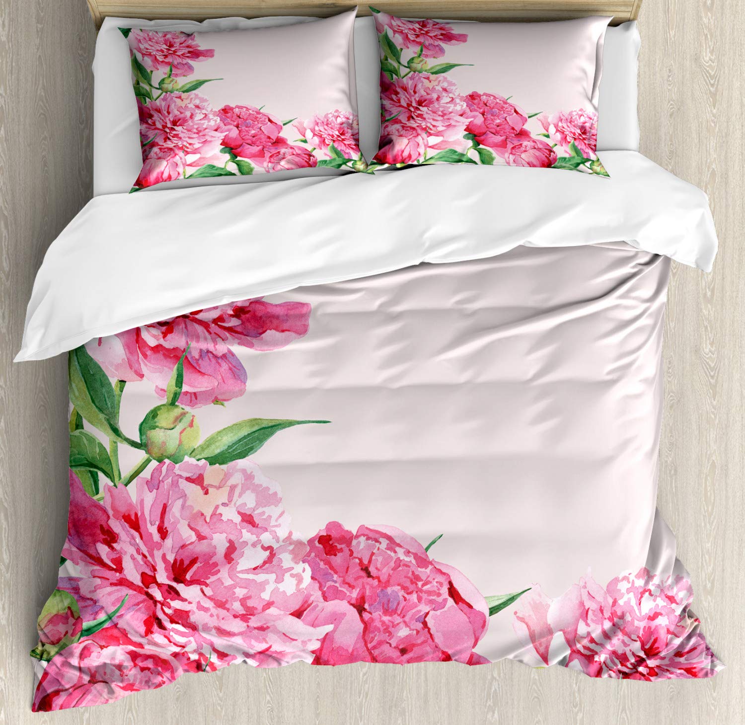 Lunarable English Garden Duvet Cover Set - Peonies Watercolor Painting Spring Romance 3-Piece Bedding Set with 2 Pillow Shams, Queen Size Blush Pink | Floral Home Decor for Master Bedroom, Guest Room & Spring Wedding