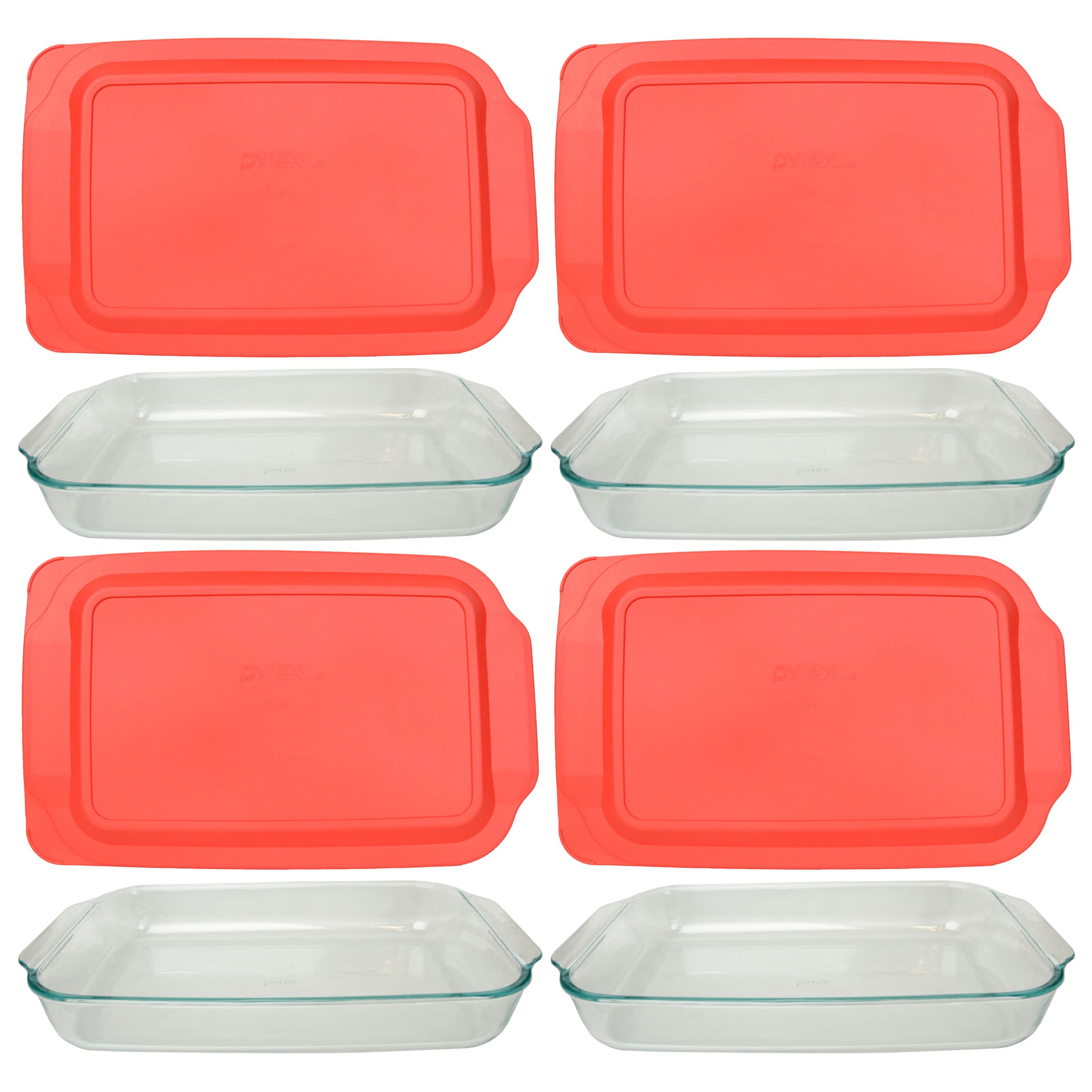 Pyrex 4-Piece 4.5L Basics Oblong Glass Baking Dish Set with 4 Red Lids - Made in USA - Perfect for Casseroles, Lasagna & Meal Prep