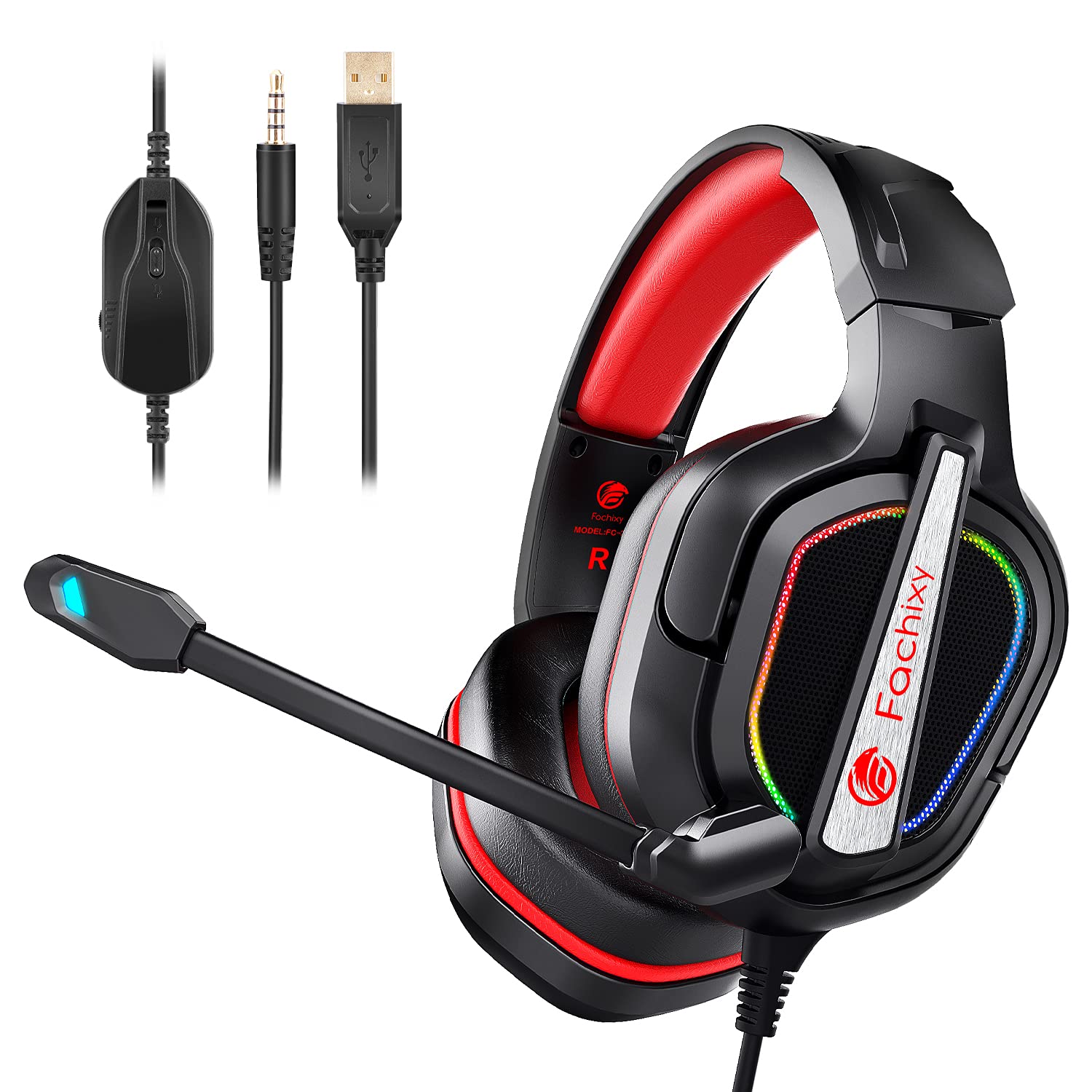Fachixy RGB Gaming Headset for Xbox One, PS4, PS5, PC & Nintendo Switch - Stereo Sound Headphones with Noise Cancelling Mic & 3.5mm Jack (Red) - Perfect for Online Gaming, Streaming & Virtual Meetings