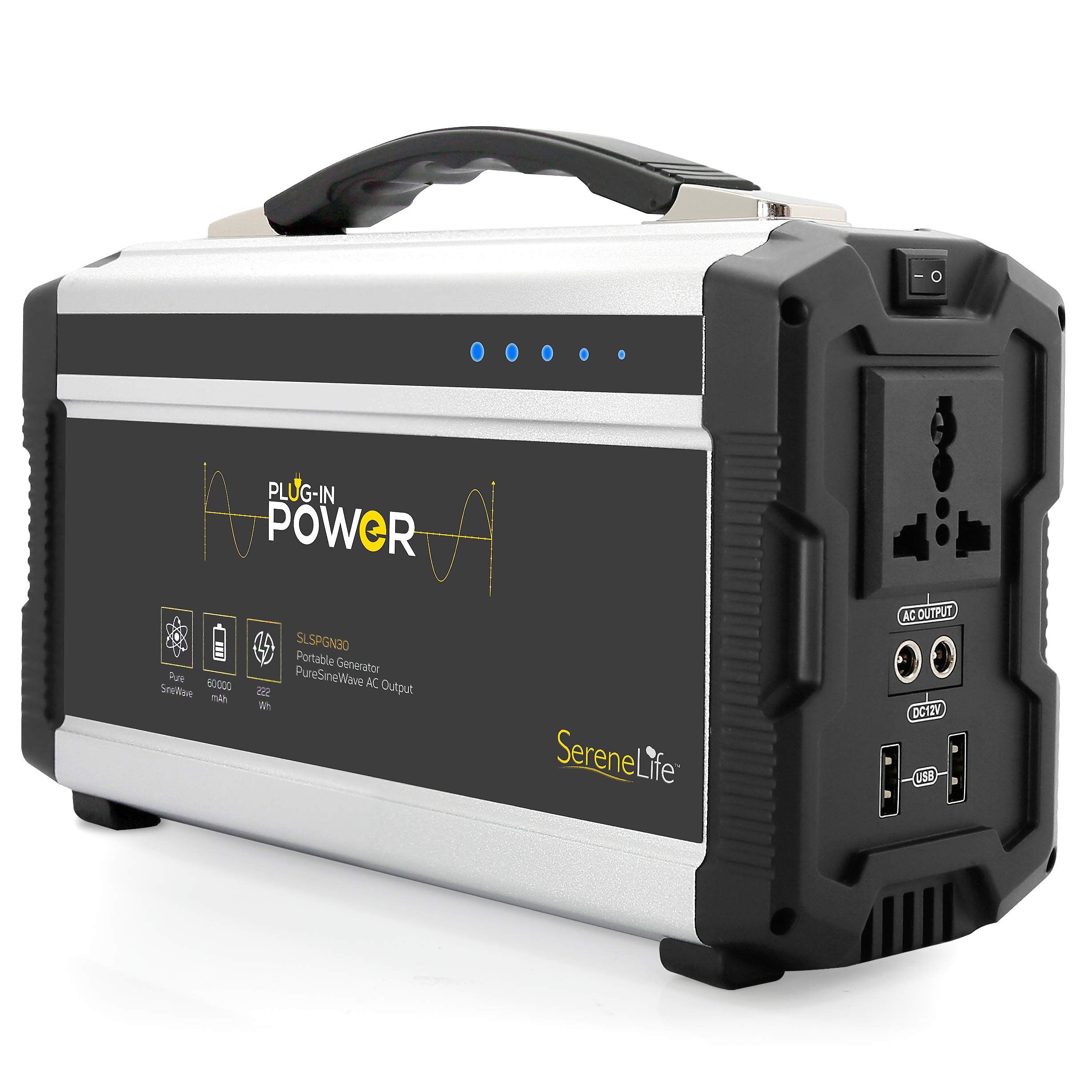 SereneLife SLSPGN30 222-Watt Portable Power Generator with Solar Panel - Rechargeable Battery, Dual USB Ports & LED Display for Phones, Tablets, Laptops - Perfect for Camping, Emergencies & Outdoor Adventures