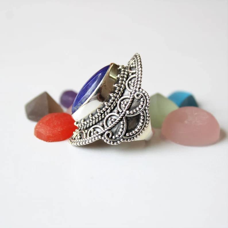 Lapis Lazuli Ring for Women - 925 Sterling Silver Boho Marquise Gemstone Ring | Handmade Blue Stone Statement Jewelry | Victorian Wedding Promise Ring, Mermaid Gift for Her/Him | Perfect for Boho Fashion, Bridal Accessories & Special Occasions