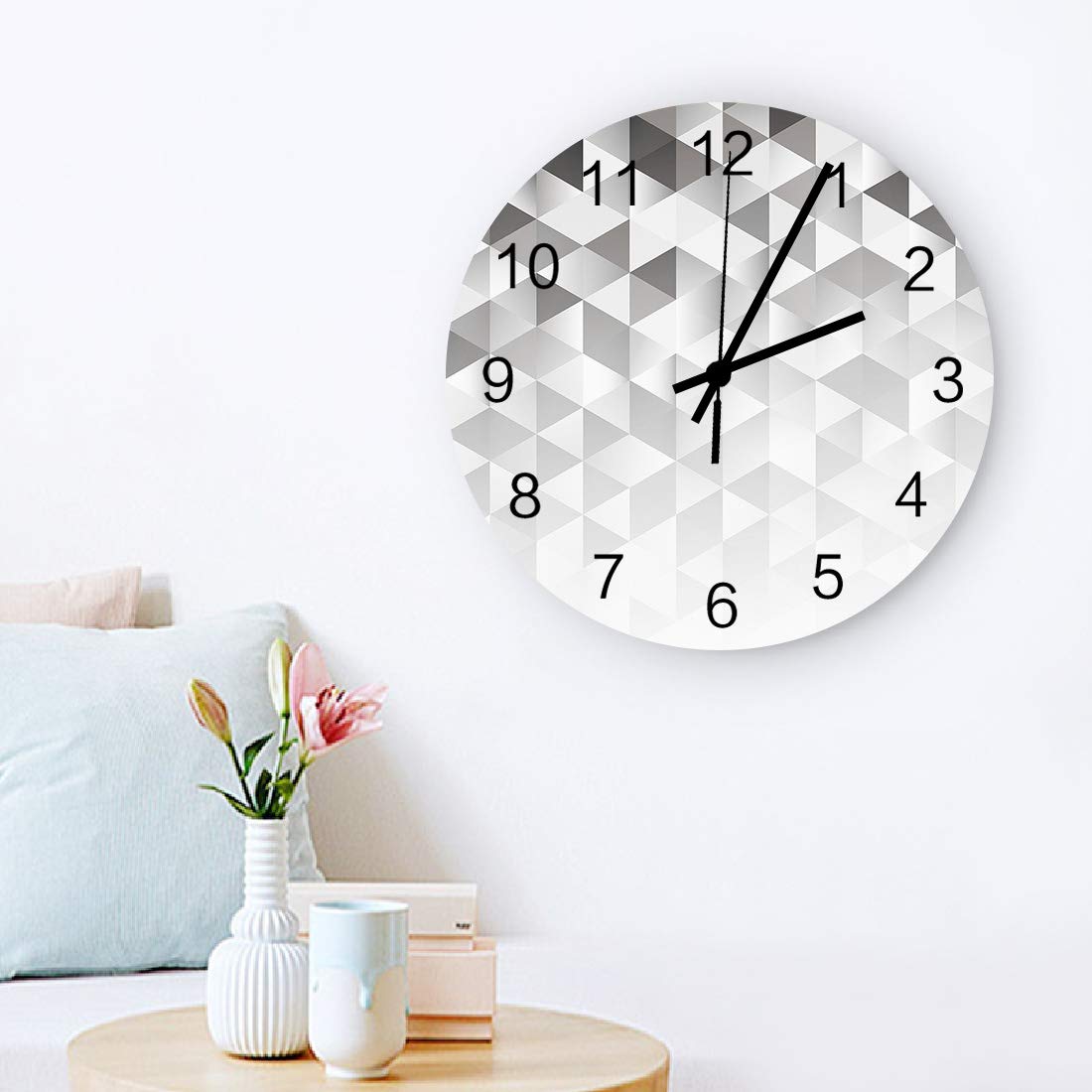12 Inch Silent Non-Ticking Wall Clock - Battery Operated Modern Round Clock with Silver Geometric Gradient Mosaic Triangle Pixel Design for Home, Bedroom, Living Room - Perfect for Quiet Spaces, Offices & Meditation Rooms