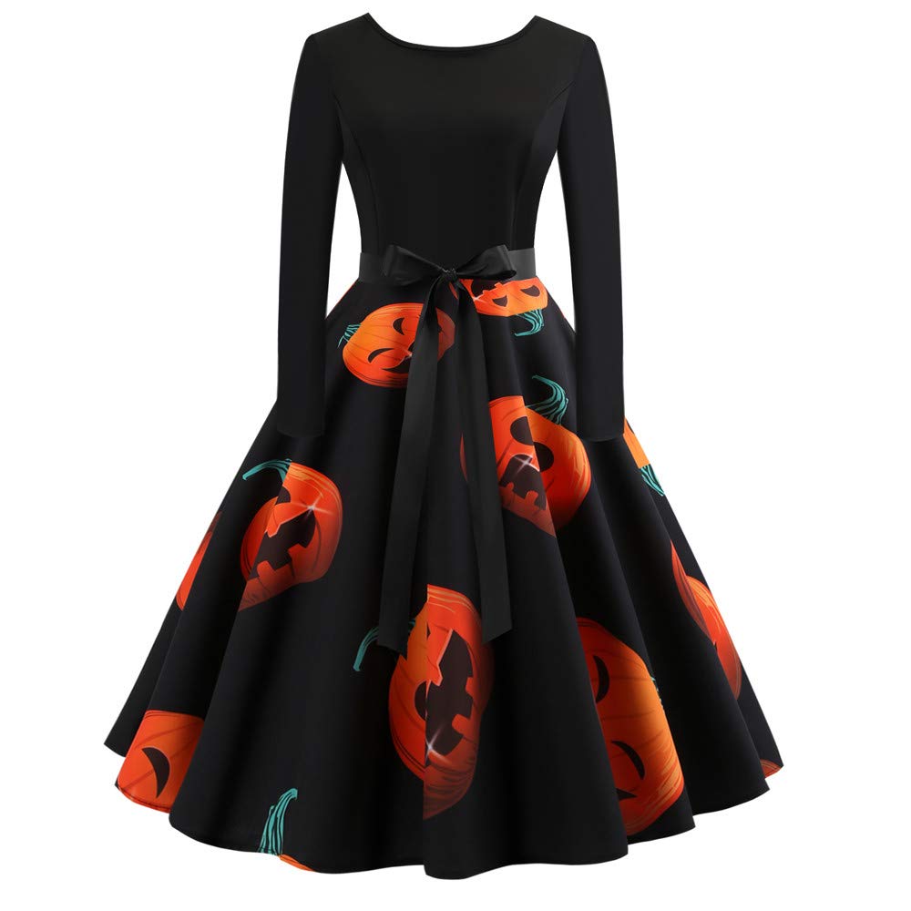 2022 Halloween Party Dresses for Women - Vintage Long Sleeve O-Neck Printed Gown, Purple Cocktail Dress for Costume Parties, Night Out & Special Occasions