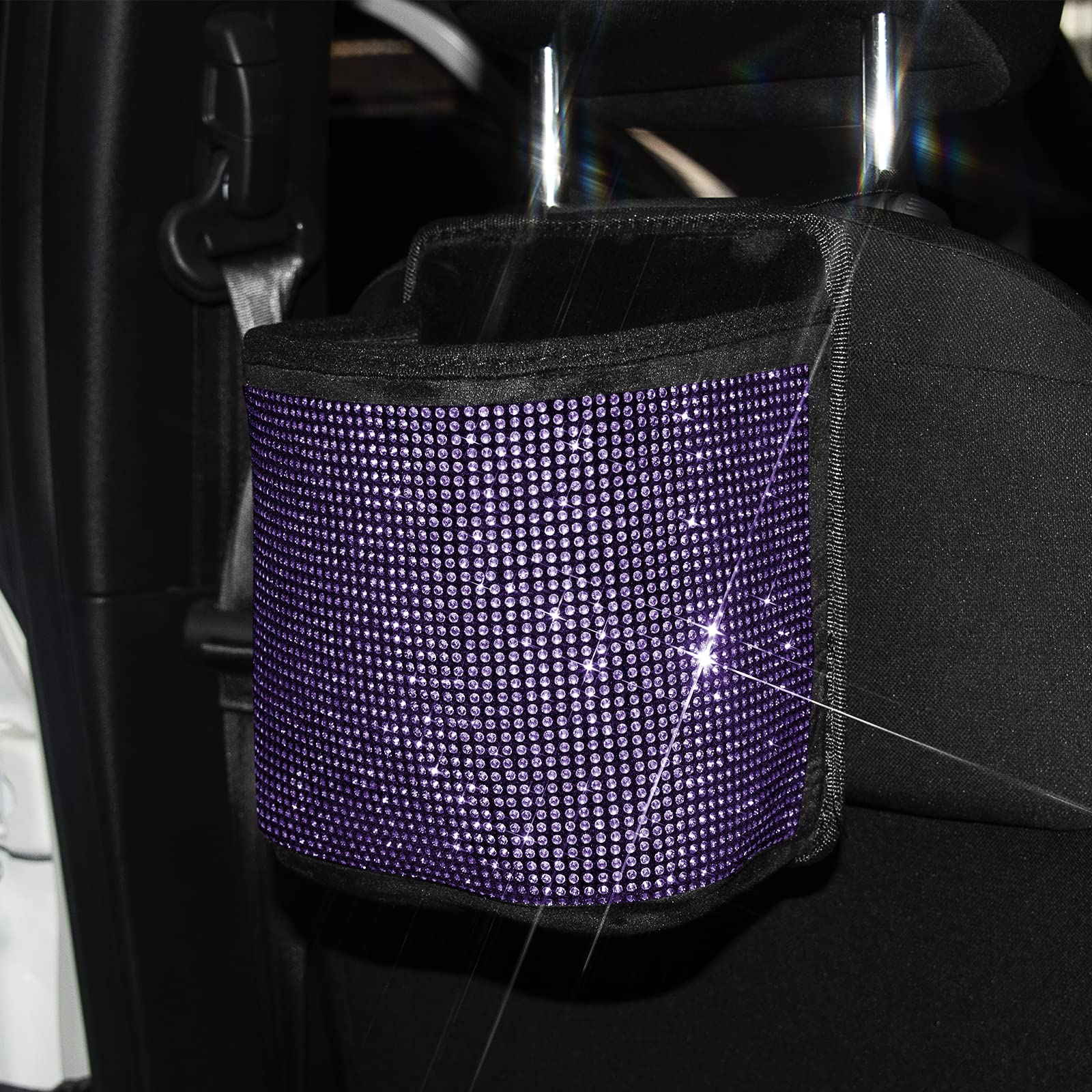 Bling Crystal Car Seat Organizer - Premium Front & Back Seat Travel Caddy Bag with Garbage Pocket | Diamond Car Accessories (1-Pack, Purple) | Perfect for Road Trips, Commuting & Family Travel