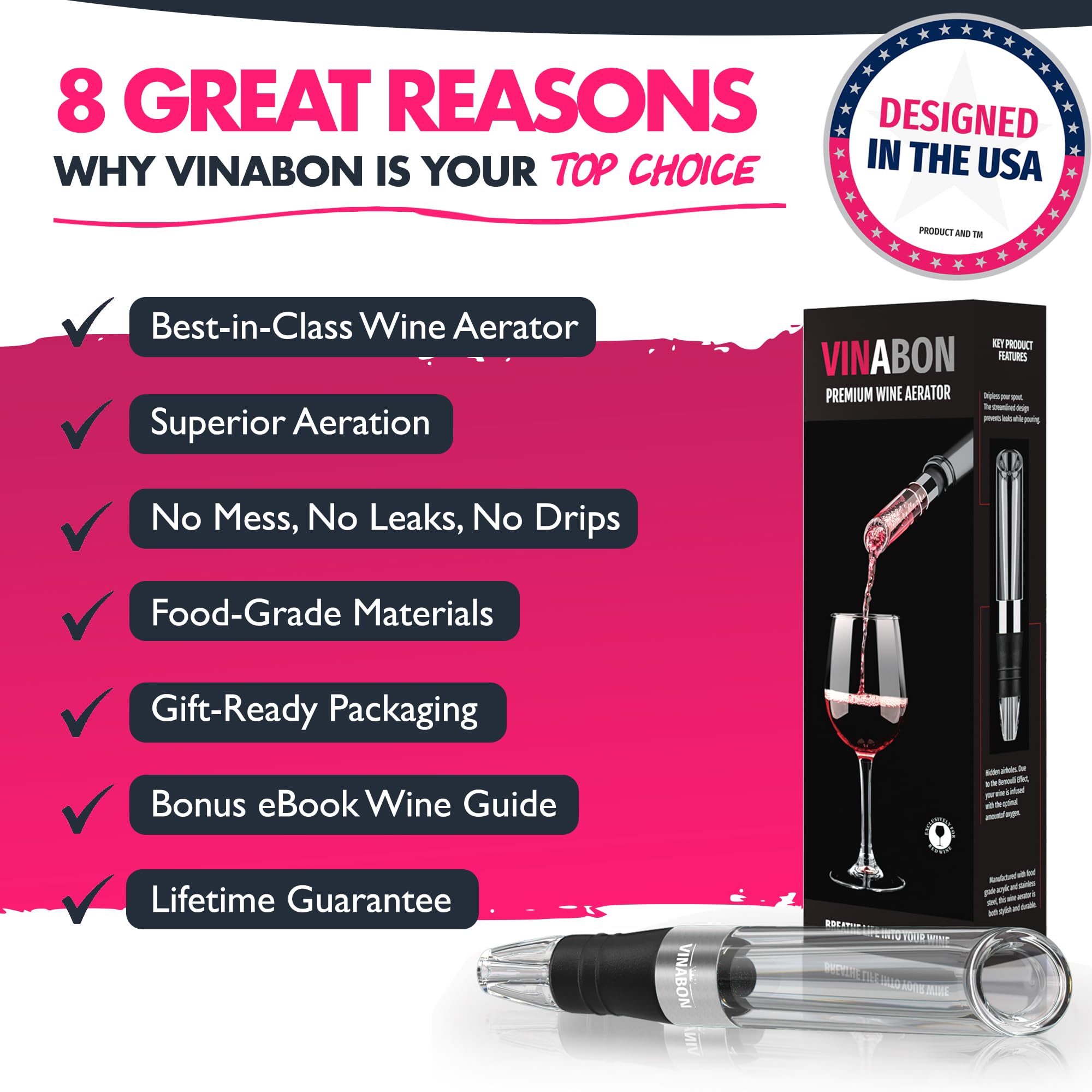 VINABON Premium Wine Aerator & Decanter Spout - 2025 Wine Air Aerator for Enhanced Flavor & Aroma | Includes Free Wine Guide Ebook | Perfect for Red Wine, White Wine & Home Entertaining