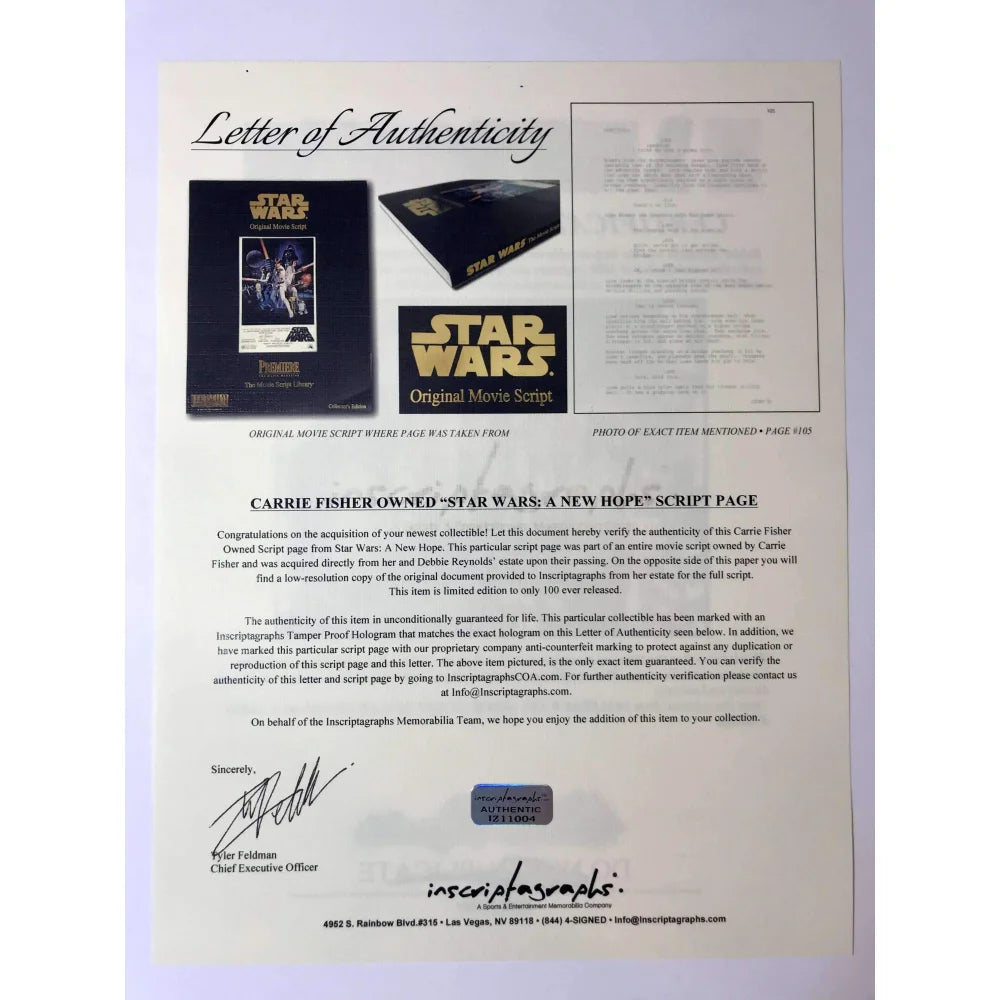 Original Star Wars A New Hope Script Page Owned by Carrie Fisher - Framed Limited Edition #D/100 with Estate COA - Perfect for Movie Memorabilia Collectors & Star Wars Fans Display