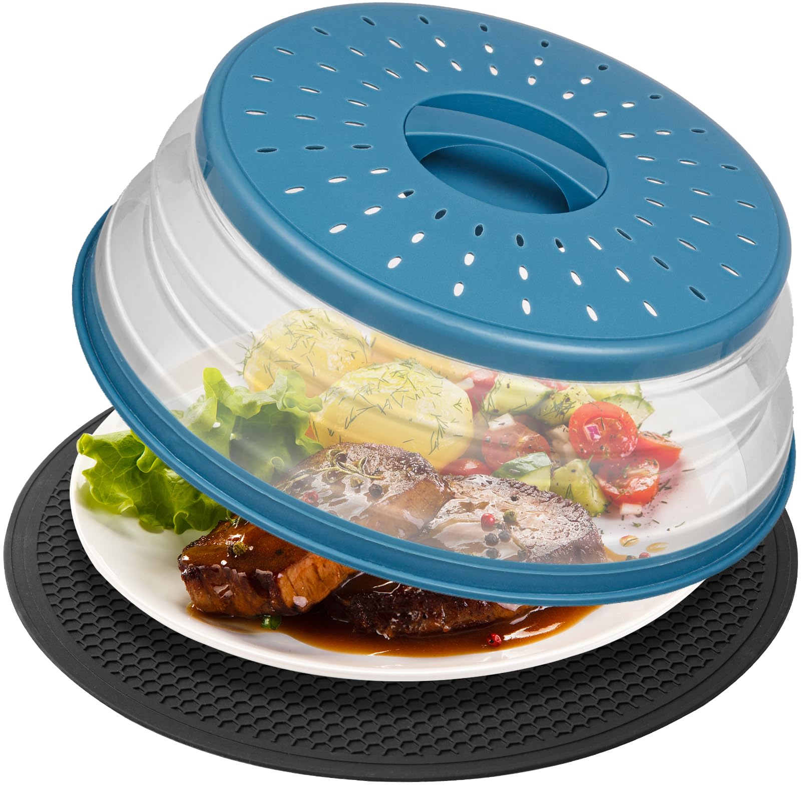 2-in-1 Microwave Splatter Cover & Food Mat Set - Collapsible Vented Lid for Bowls & Plates - BPA-Free Silicone & Plastic Kitchen Accessories - Perfect for Microwave Cooking, Meal Prep, and Countertop Protection