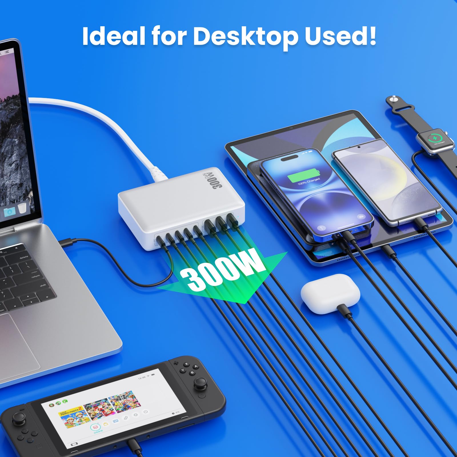 300W GaN IV Fast Charging Station with 8-Ports USB C Charger Block - PD 100W Laptop Charger Hub Compatible with MacBook/Air, Dell, Steam Deck, iPhone 16/15/14, Galaxy S24 - Perfect for Home, Office & Travel Charging Needs