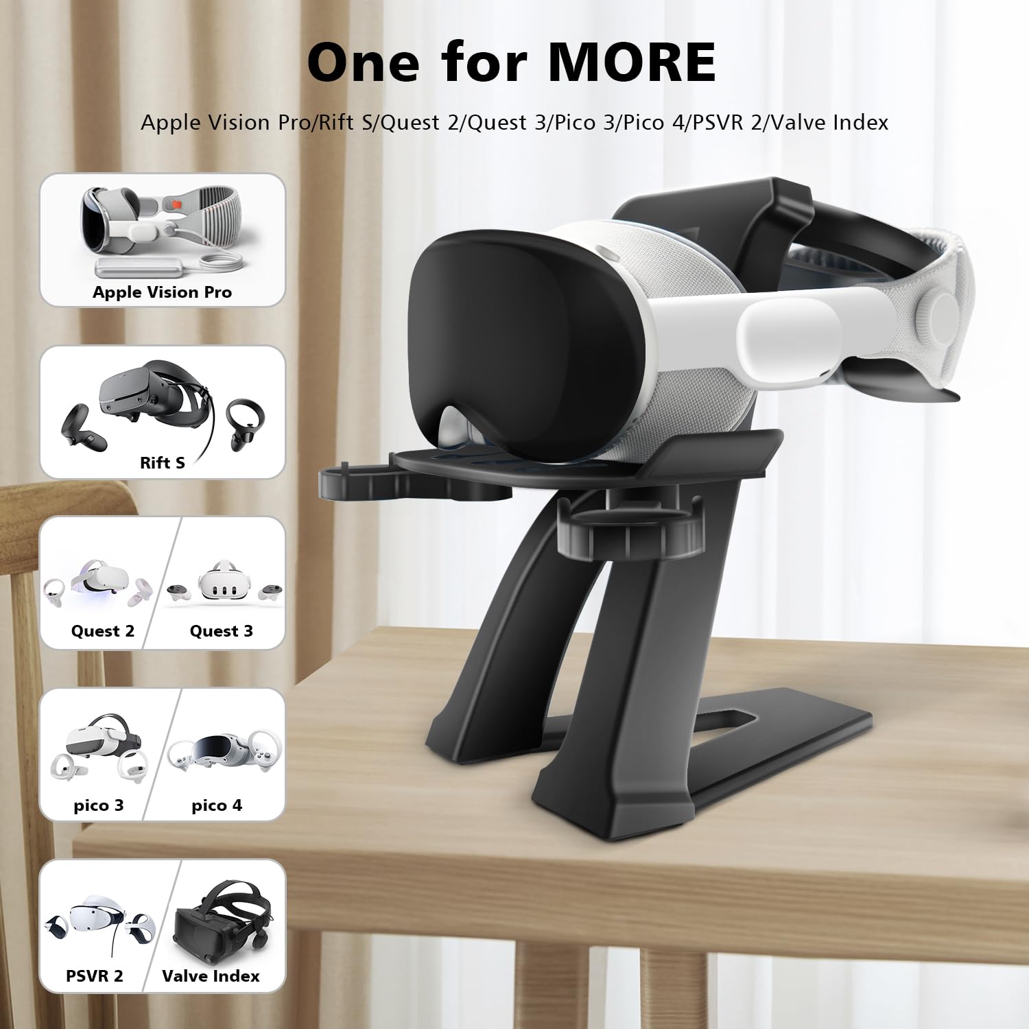 Universal VR Headset Stand Dock for Vision Pro, Rift S, Quest 2/3, Pico 3/4, PSVR 2 & Valve Index - Stable VR Controller Charging Station - Perfect for Gaming Room, Office & VR Showcase (Black)