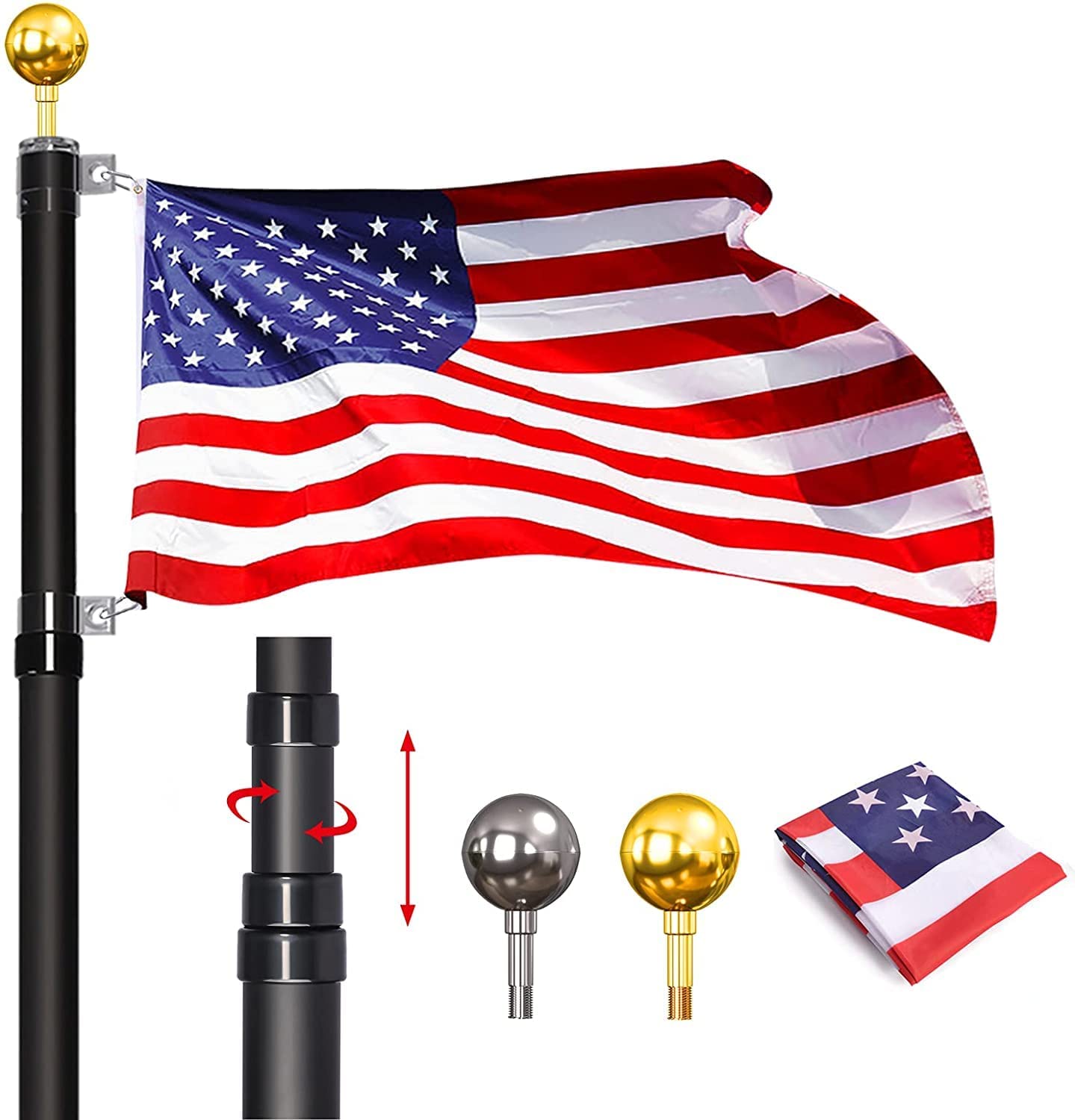 20FT Heavy Duty Telescoping Flag Pole Kit with 3x5 American Flag - 14 Gauge In-Ground Telescopic Flagpole for Residential & Commercial Use - Perfect for Outdoor Display in Yards, Gardens, and Patriotic Events