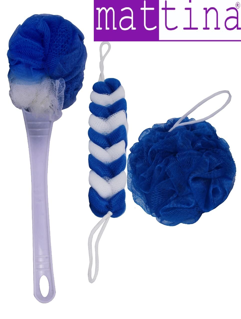 Mattina 3-Piece Bath Set - Round Loofah Sponge, Back Scrubber & Long Handle Bath Brush for Men & Women (Blue/White) | Exfoliating Body Wash Accessories for Shower & Spa Relaxation