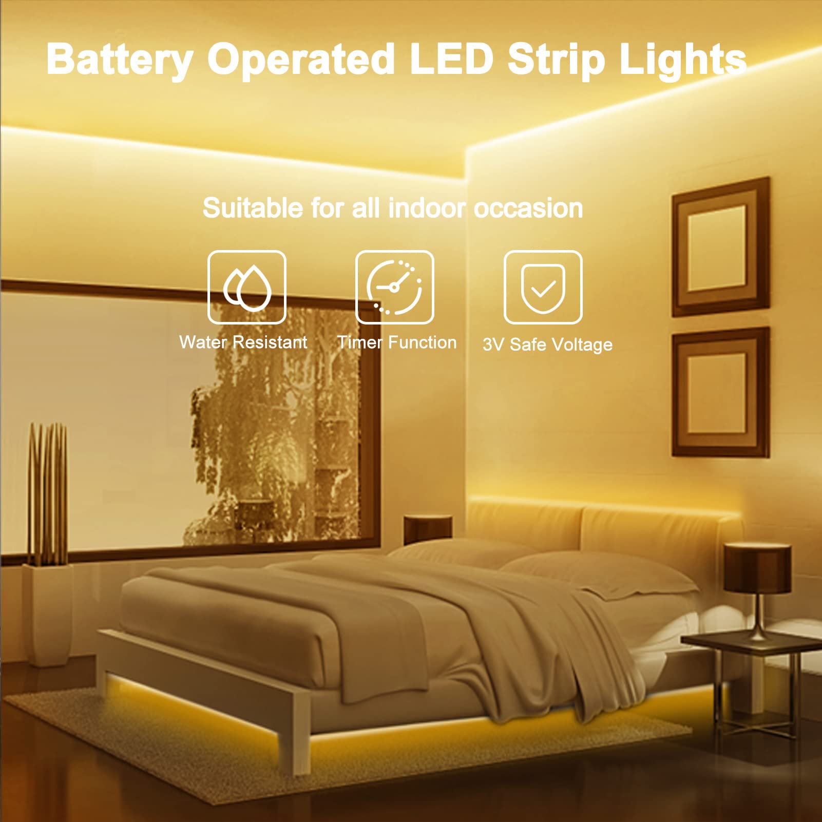 Battery Operated LED Strip Lights 9.8Ft 90 LEDs with Remote, Timer & Dimmable - Waterproof Flexible Light Strips for Indoor/Outdoor Use - Perfect for TV Backlight, Bedroom, Kitchen, Boat & Table Decor (Warm White)