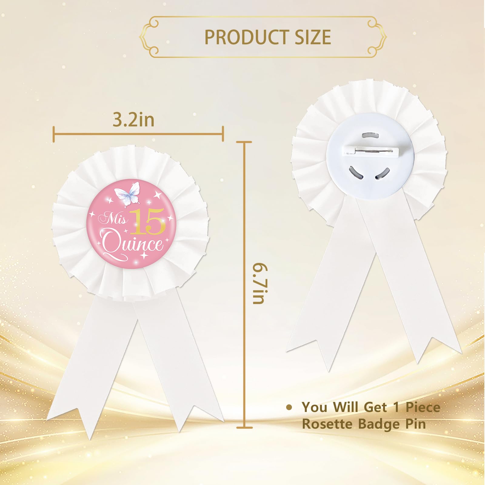 Happy 15th Birthday Tin Badge - Quinceañera Pin with White Rosette & Pink Brooch - Cute Fifteen Birthday Party Decor for Girls - Perfect for Quince Celebrations, Sweet 16 Themes & Teen Birthday Parties