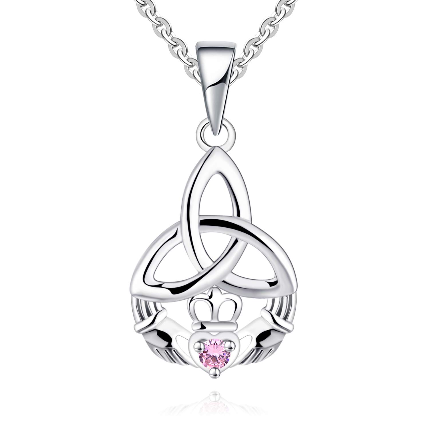 JO WISDOM 925 Sterling Silver Irish Celtic Heart Claddagh Pendant Necklace with Birthstones - Elegant Gift for Women, Anniversary, Valentine's Day & Special Occasions