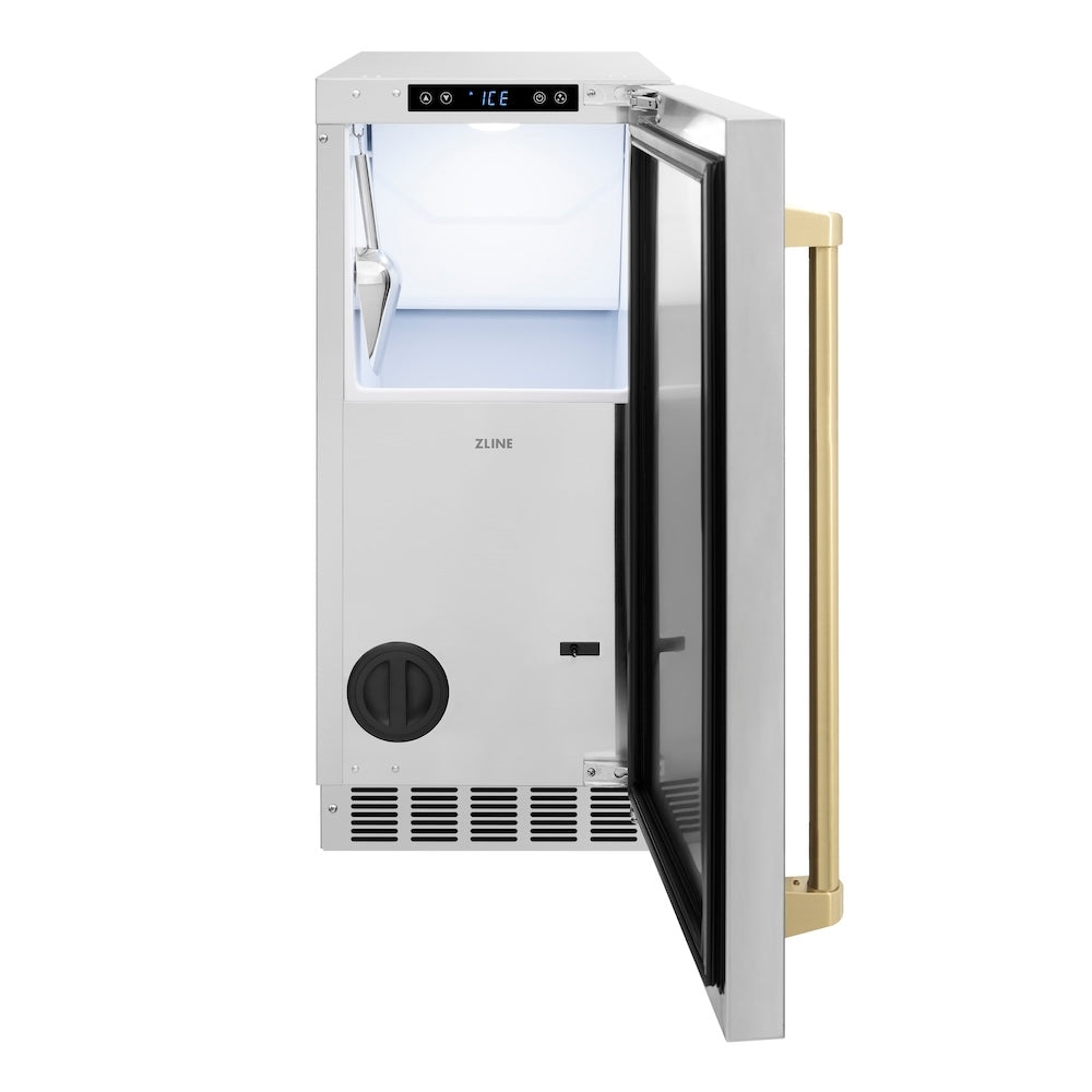 ZLINE Autograph Edition 15 Inch Clear Cube Ice Maker with Drain Pump - Stainless Steel Door & Champagne Bronze Handle - Commercial & Home Bar Use (ICCDZ ST 15 CB) - Perfect for Restaurants, Parties & Outdoor Entertaining