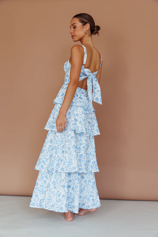 Blue Floral Tiered Maxi Dress with Bow - Elegant Summer Dress for Women | Perfect for Beach, Vacation & Casual Outings