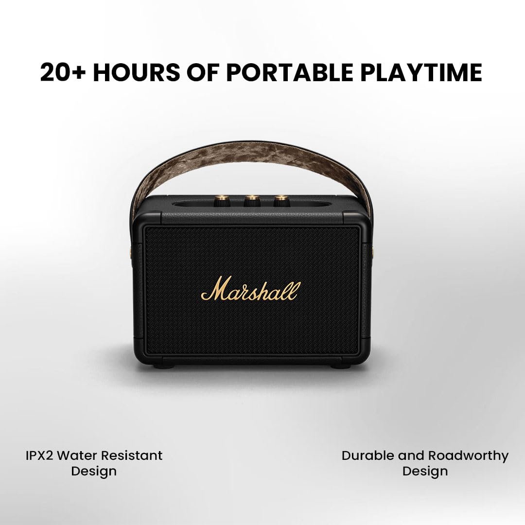Marshall Kilburn II Portable Bluetooth Speaker - Wireless, Waterproof, Premium Sound - Black & Brass Finish | Perfect for Outdoor Adventures, Beach Parties & Home Entertainment