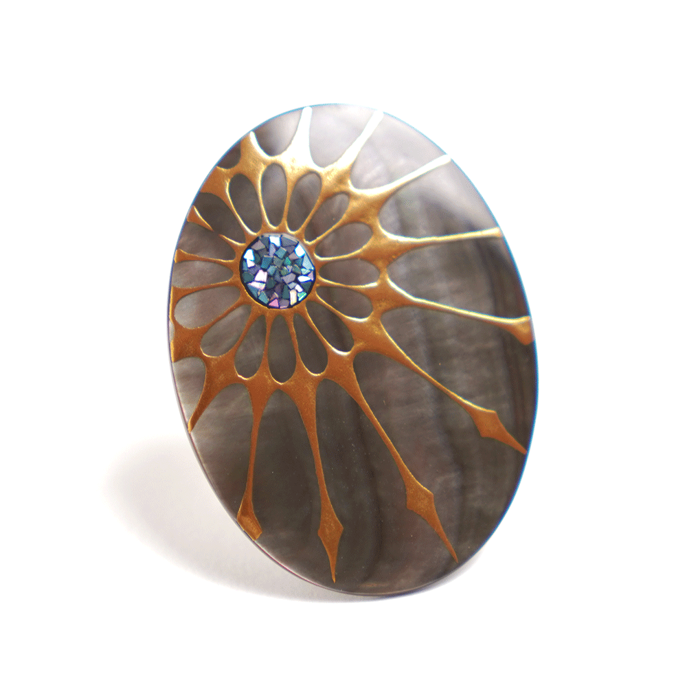 Exquisite Japanese Maki-e Urushi Lacquer Brooch with Black Lip Oyster Pearl Shell - Sunshine Design | Traditional Handcrafted Jewelry for Women | Perfect for Weddings, Parties & Special Occasions