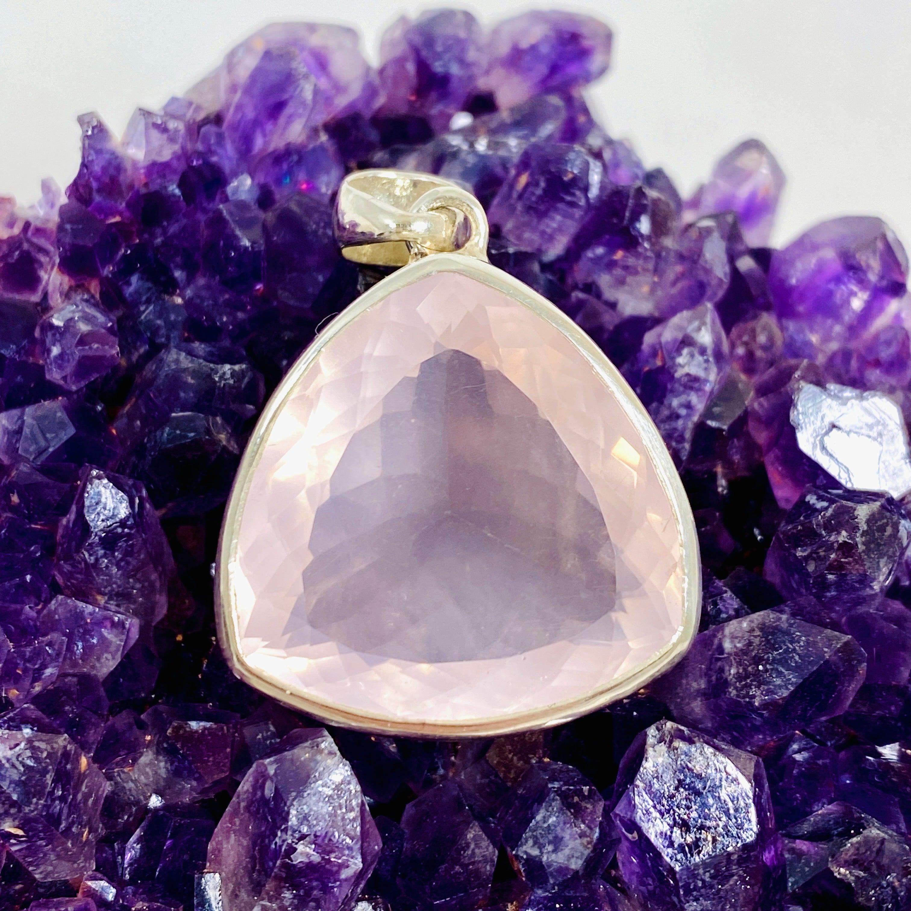 Rose Quartz Faceted Triangular Pendant Necklace KPGJ3995 - Elegant Healing Crystal Jewelry for Women, Meditation & Spiritual Gifts
