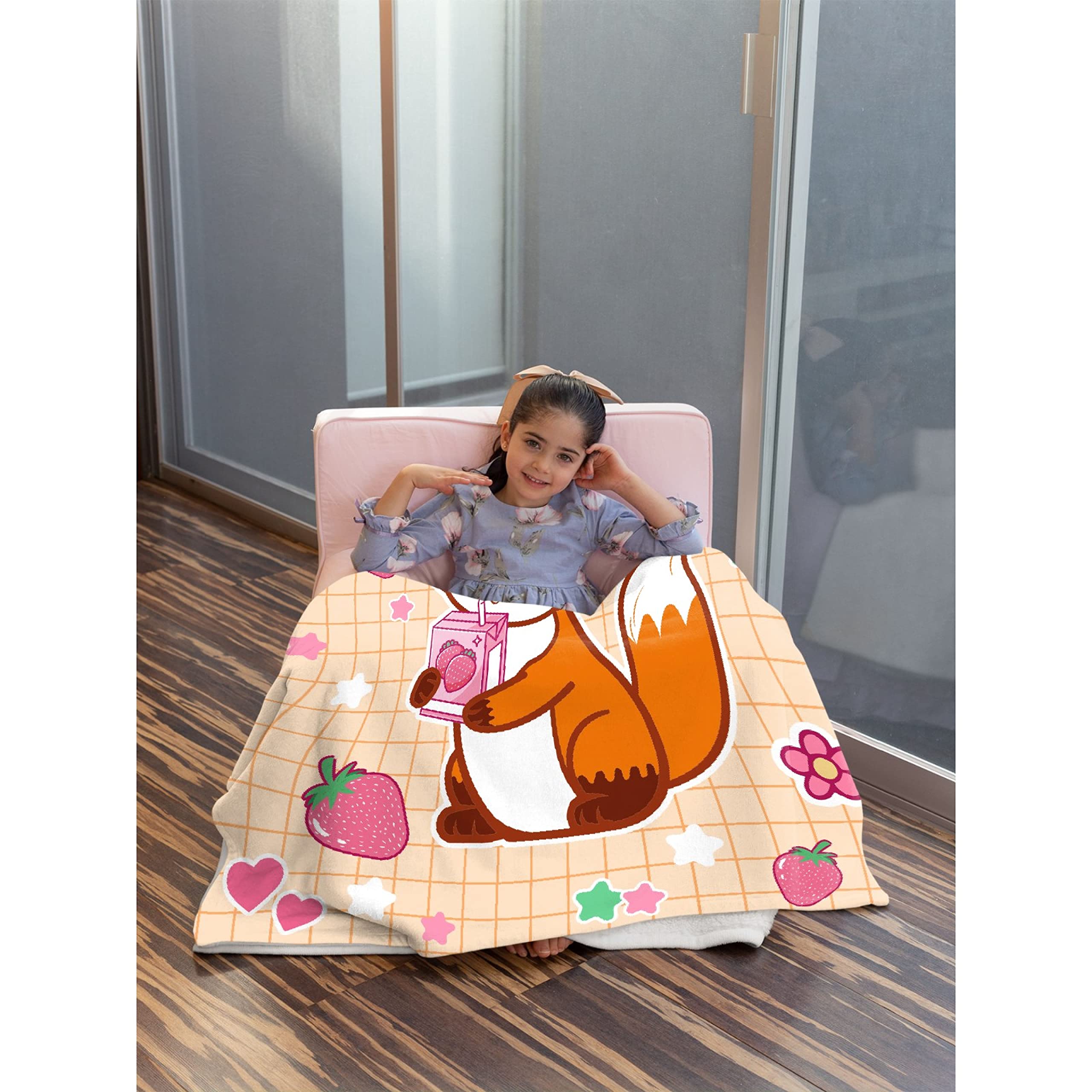 Ultra Soft Fox & Strawberry Milk Fleece Blanket 120