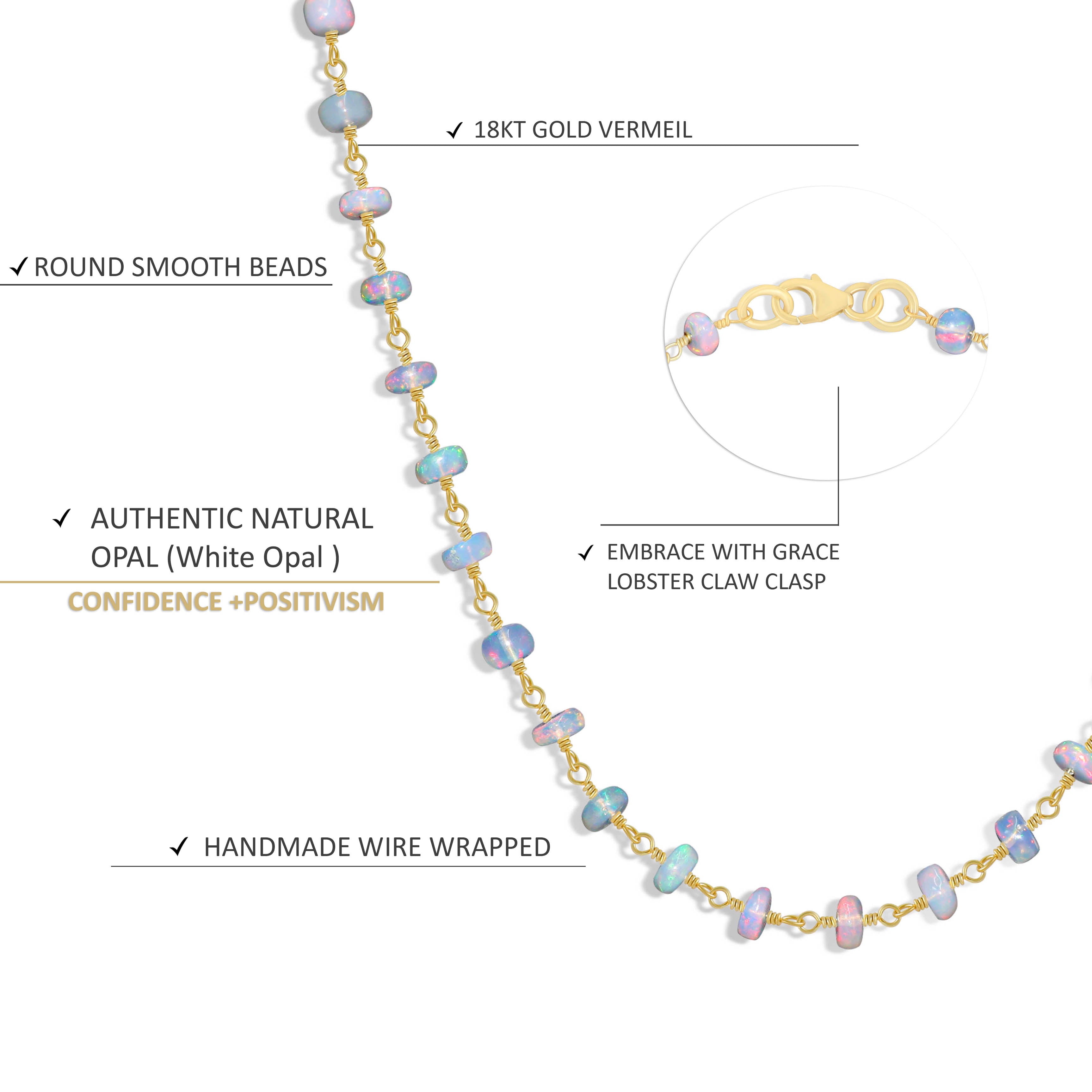 Natural White Opal Smooth Beads Necklace with 18K Gold Vermeil - Elegant Jewelry for Women, Perfect for Weddings, Parties & Everyday Wear
