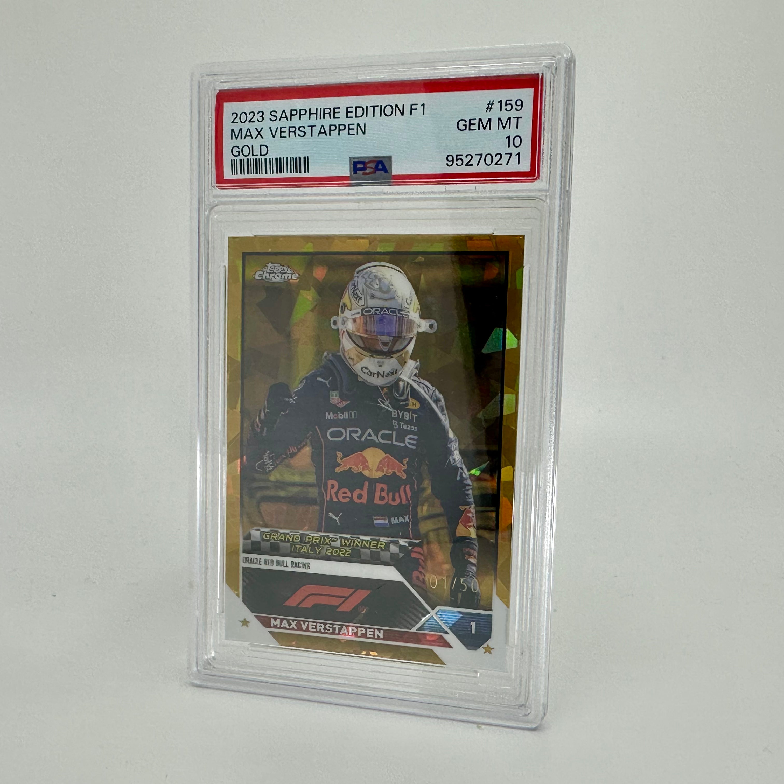 2023 Topps Chrome Sapphire Gold Max Verstappen #159 PSA 10 01/50 - Rare Collectible Trading Card for F1 Fans & Sports Memorabilia Enthusiasts