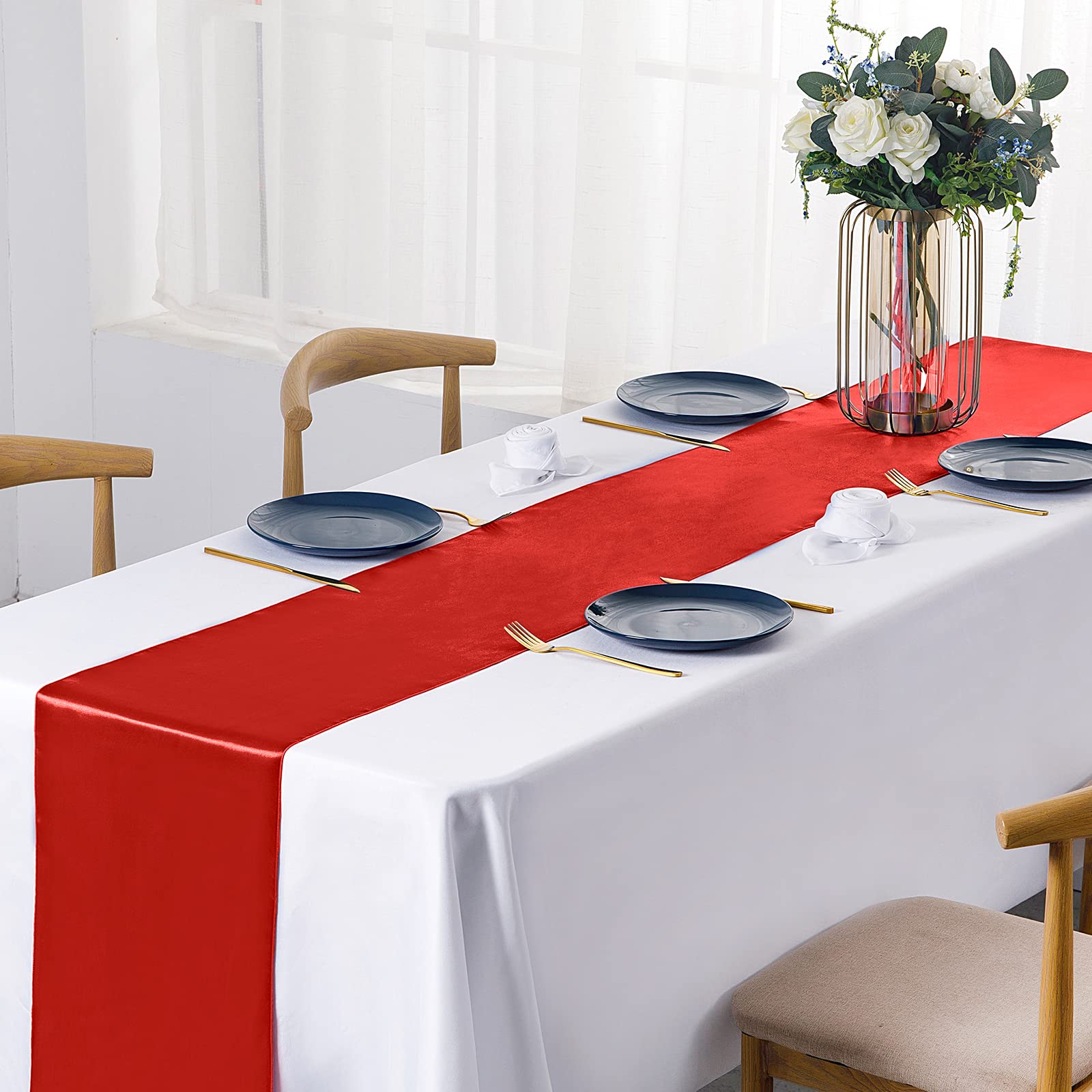 4 Pack Red Satin Table Runners 12x108 Inches - Elegant Wedding Party Decor for Birthdays, Buffets, Banquets, Graduations & Engagements - Perfect for Dining Tables, Buffet Displays & Event Centerpieces