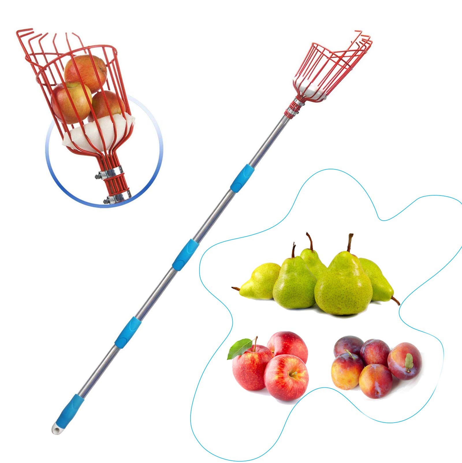 HOSKO 8FT Lightweight Stainless Steel Fruit Picker Tool with Adjustable Pole & Twist-on Basket - Perfect for Harvesting Apples, Pears, Cherries, Mangoes, Guavas, Oranges & Avocados - Ideal for Home Gardeners, Orchard Workers & Fruit Enthusiasts