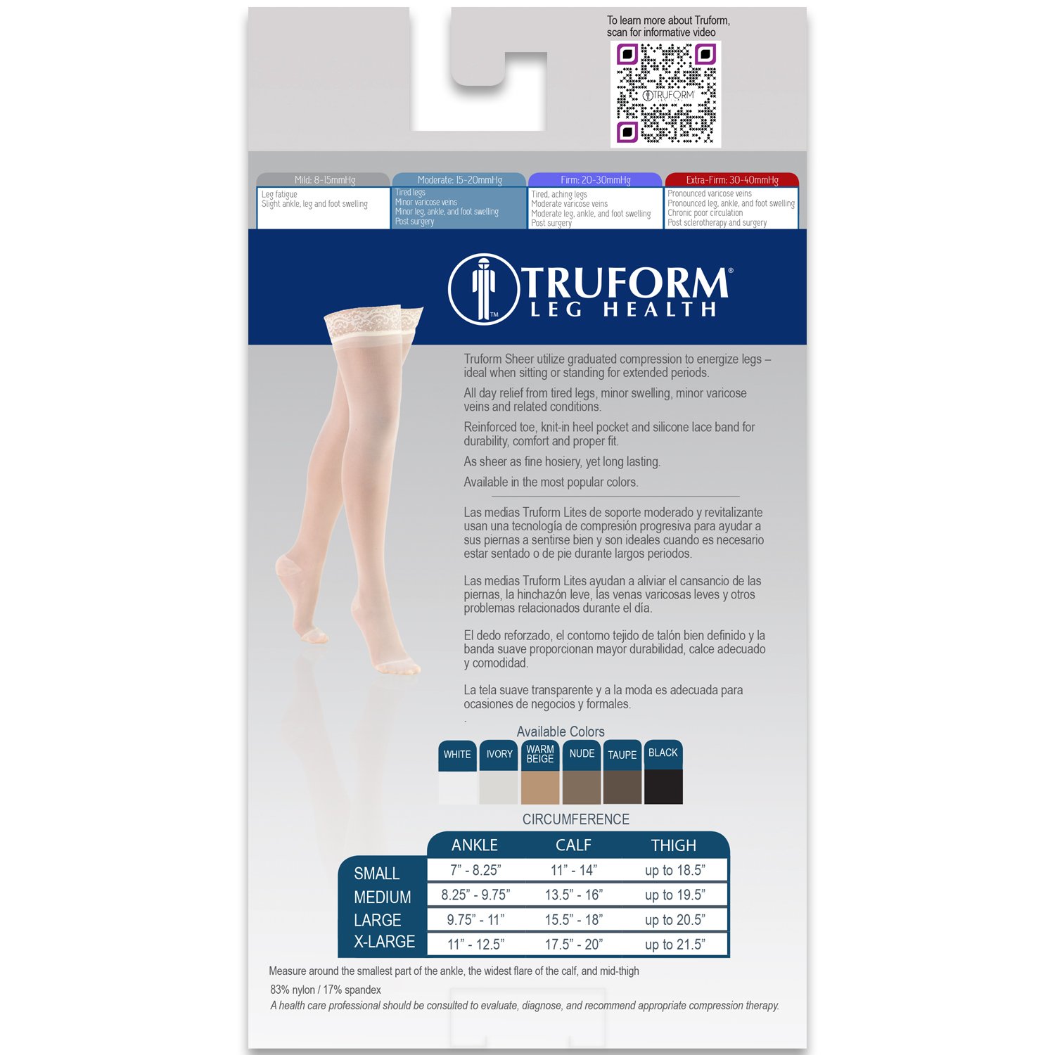 Truform Sheer Compression Stockings 15-20 mmHg - Women's Thigh High Support Stockings, 20 Denier Nude Large - Perfect for Travel, Work & Varicose Vein Relief