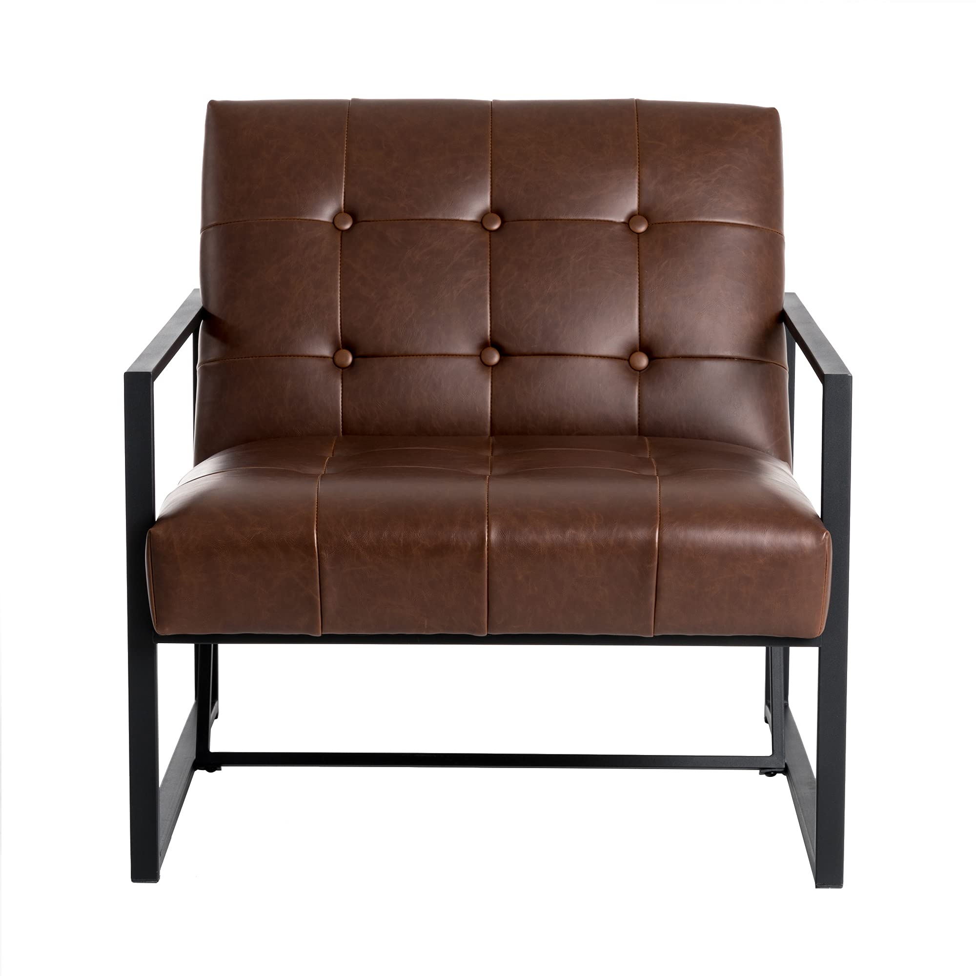 Vintage Mid Century Modern Accent Armchair - Brown PU Leather Tufted Reading Chair with Sturdy Metal Frame | Perfect for Living Room, Office & Study Nook