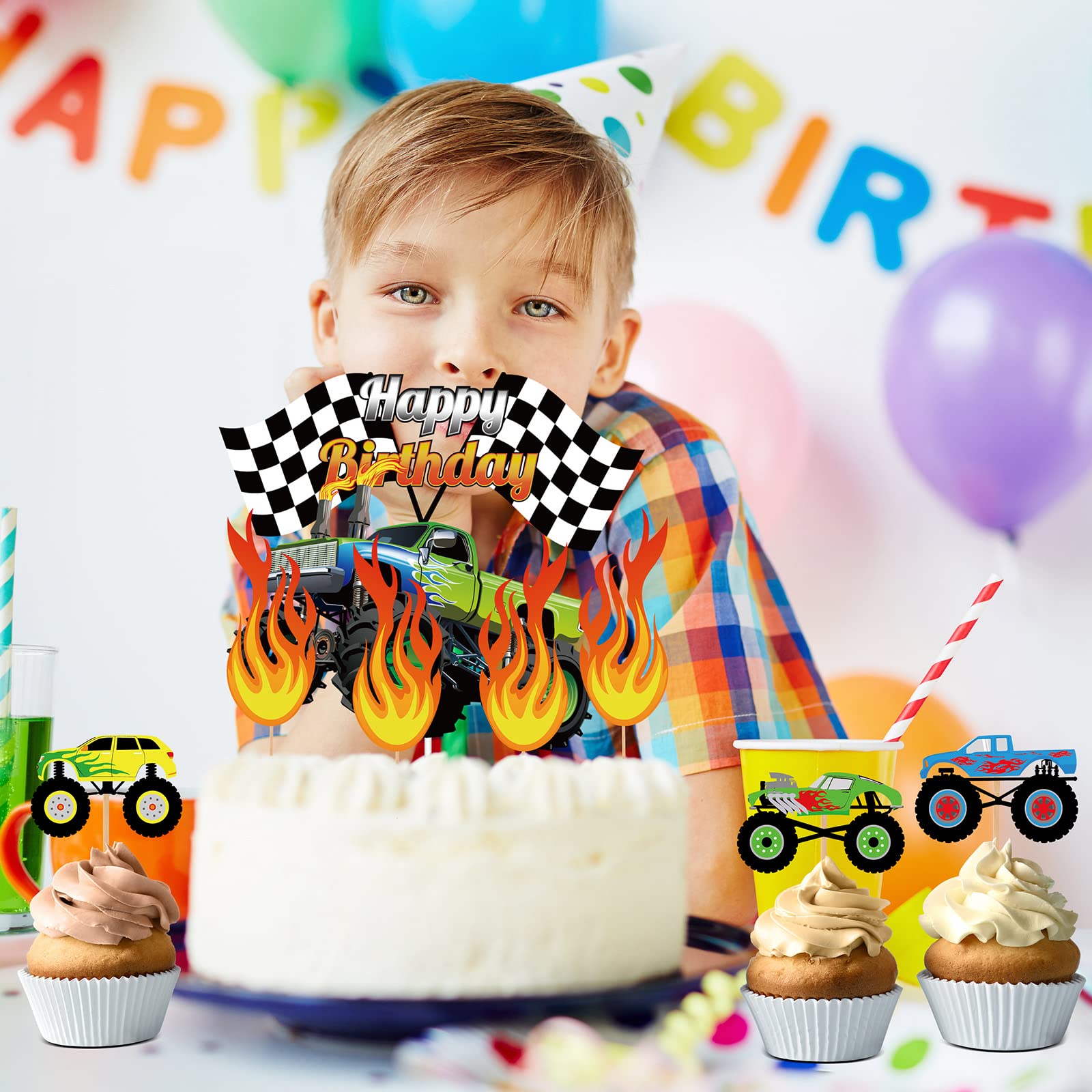 **48 Pcs Truck Cake Toppers - Race Car Birthday Party Decorations, Cupcake Toppers for Kids, Baby Shower, Blaze & The Monster Machines Theme - Perfect for Birthday Cakes, Cupcakes, and Party Favors**
