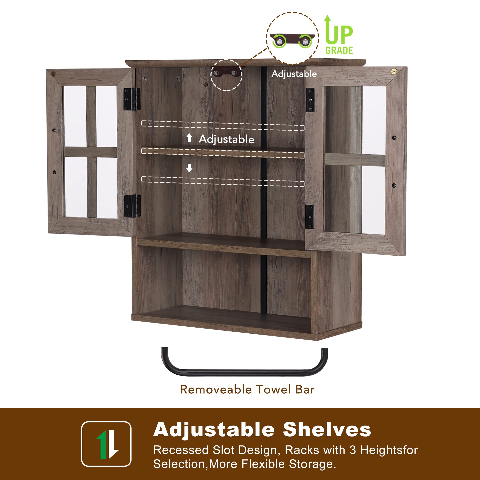 Rustic Wood Wall Storage Cabinet with Cross Glass Doors - Farmhouse Wall Mounted Bathroom Cabinet with 3 Adjustable Shelves & Towel Bar - Washed Oak Finish for Bathroom, Living Room & Kitchen Organization