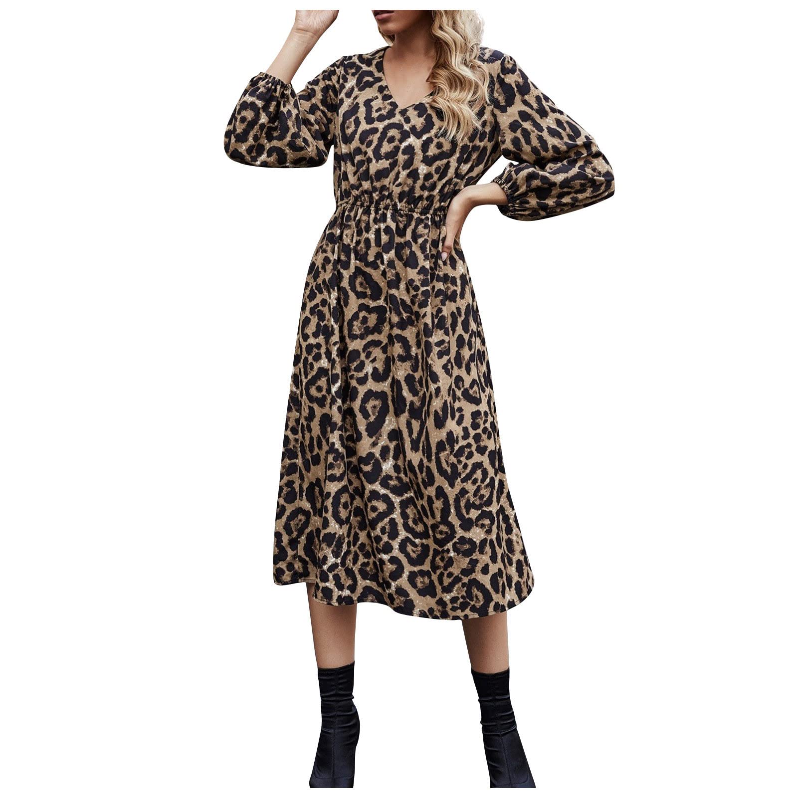 Stylish Women's Midi Leopard Print Dress with Long Sleeves & High Waist | Button Front A-Line Dress with Drawstring Belt | Perfect for Office, Date Night & Fall Fashion