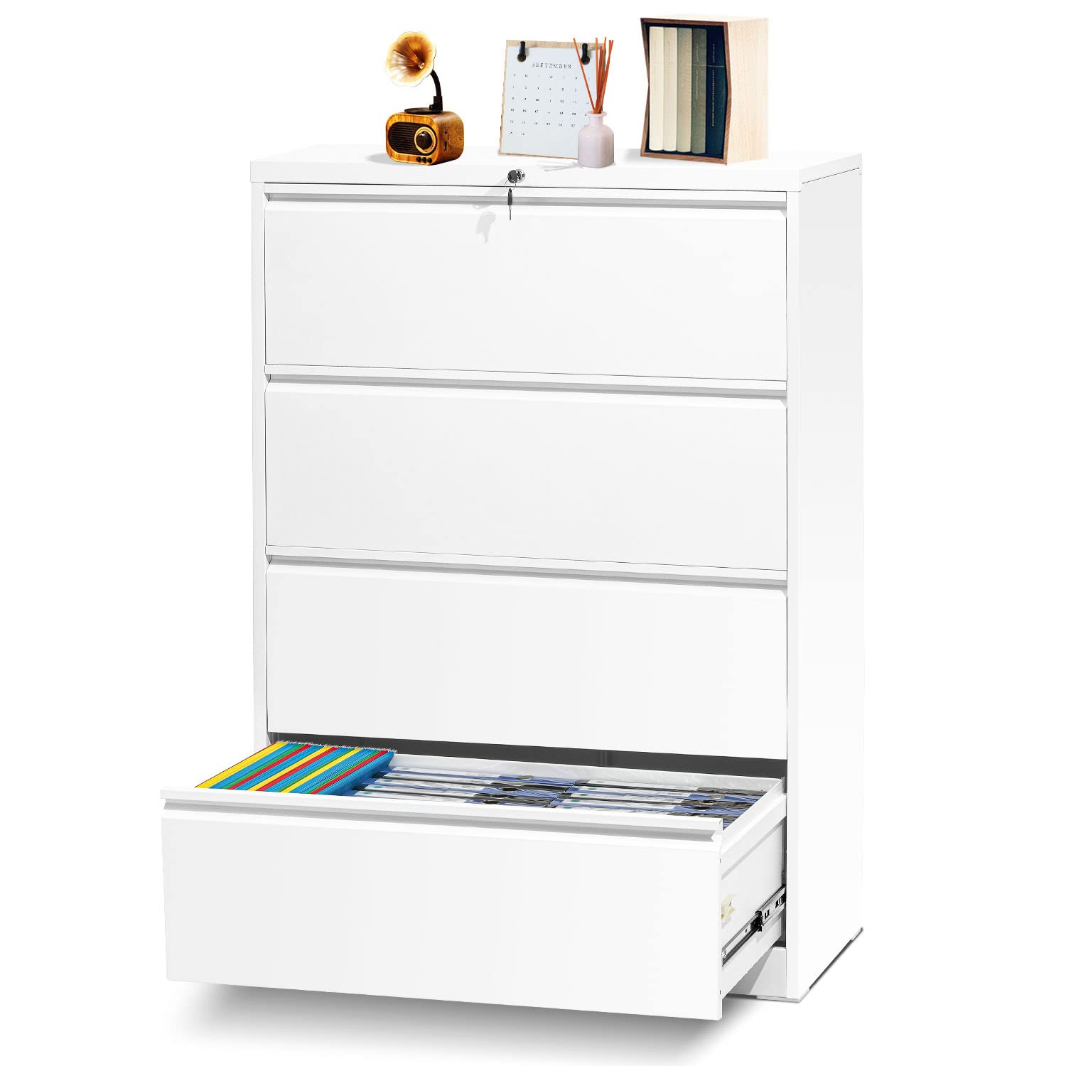 4 Drawer Lateral File Cabinet with Lock - White Metal Steel Wide Filing Cabinet for Home Office, No Screw Assembly, INTERGREAT - Perfect for Organizing Documents, Folders & Office Supplies in Small Spaces
