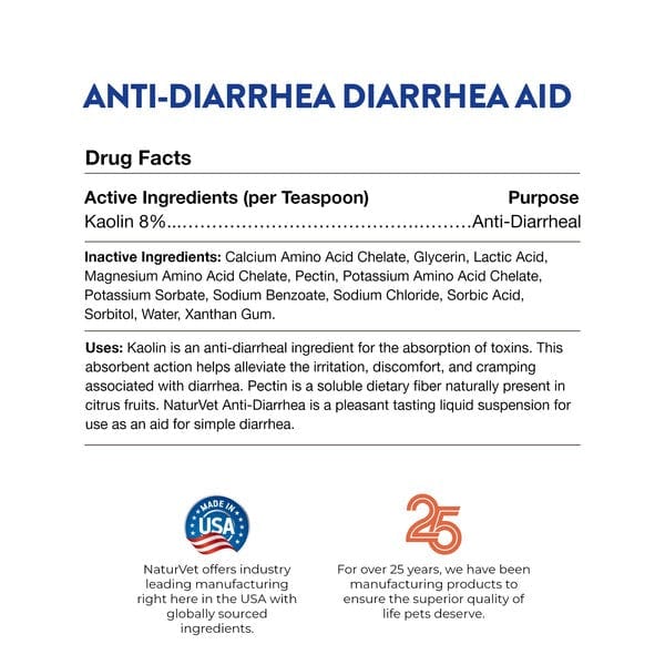 NaturVet Anti Diarrhea Liquid with Kaolin for Dogs & Cats - Fast-Acting Digestive Relief for Pets at Home or Travel