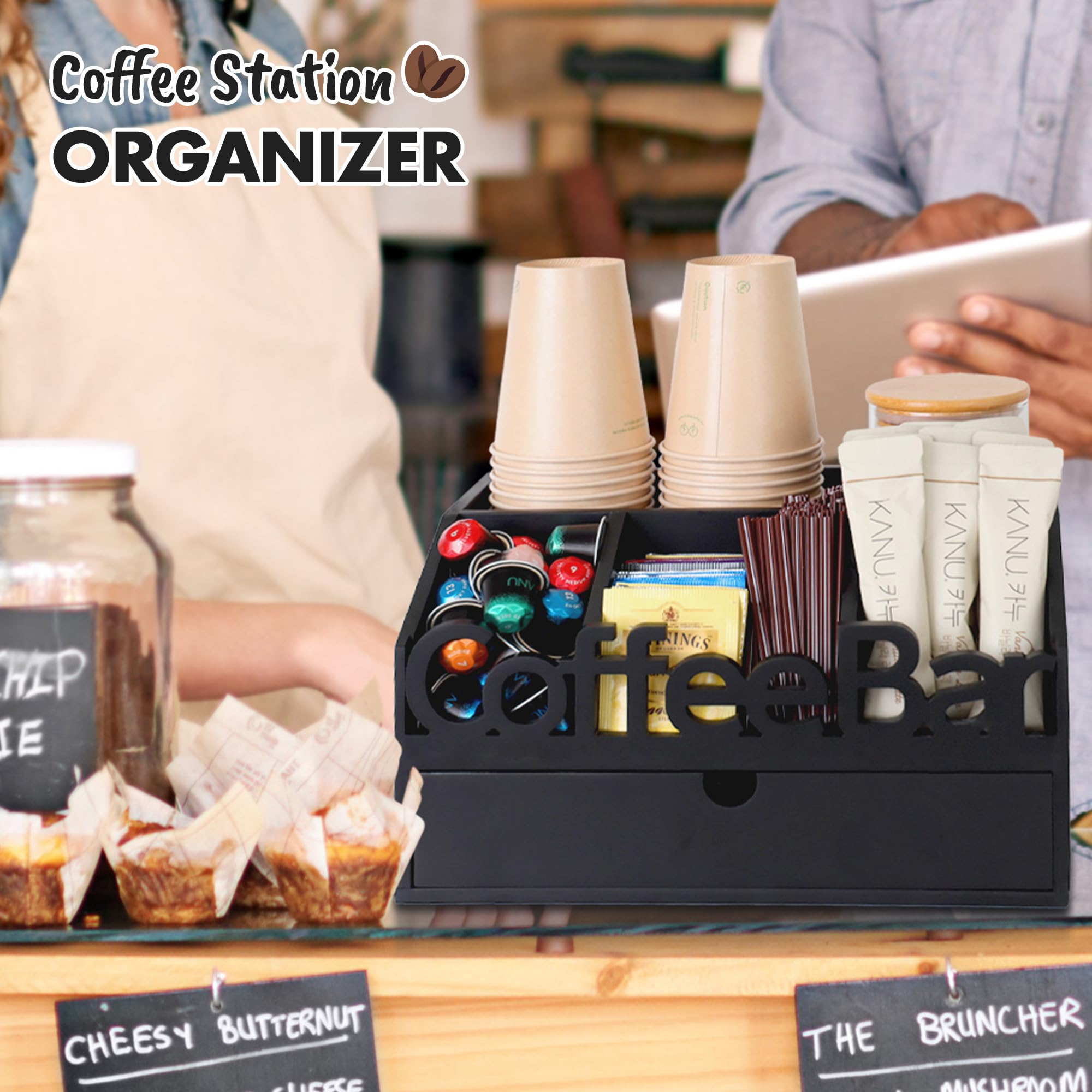 Wooden Coffee Bar Organizer with Black Drawer - Countertop Coffee Station for K-Cups, Tea & Accessories - Perfect for Home Kitchen & Office Break Room Organization