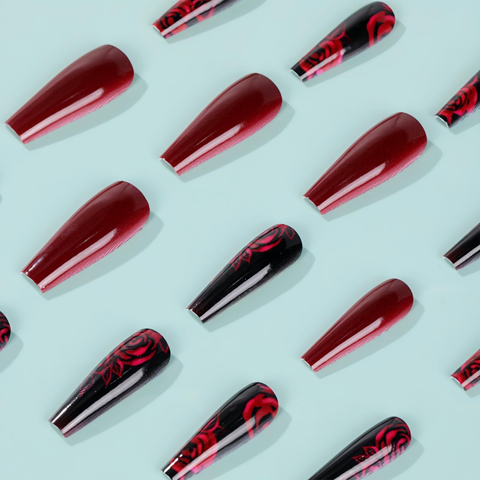 24Pcs Black Press on Nails Long Coffin Fake Nails - Wine Red Rose Flower Design Acrylic Glossy False Nails for Women | Full Cover Glue on Artificial Nails for Autumn Winter | Perfect for Parties, Weddings & Special Occasions