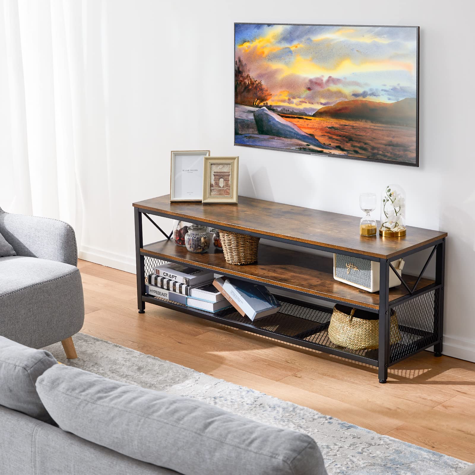 NOBLEWELL 60 Inch TV Stand with Storage - 3-Tier Wooden Entertainment Center & Media Console for Living Room, Bedroom, Home Theater - Perfect for Organizing TV, Gaming Consoles & Media Devices
