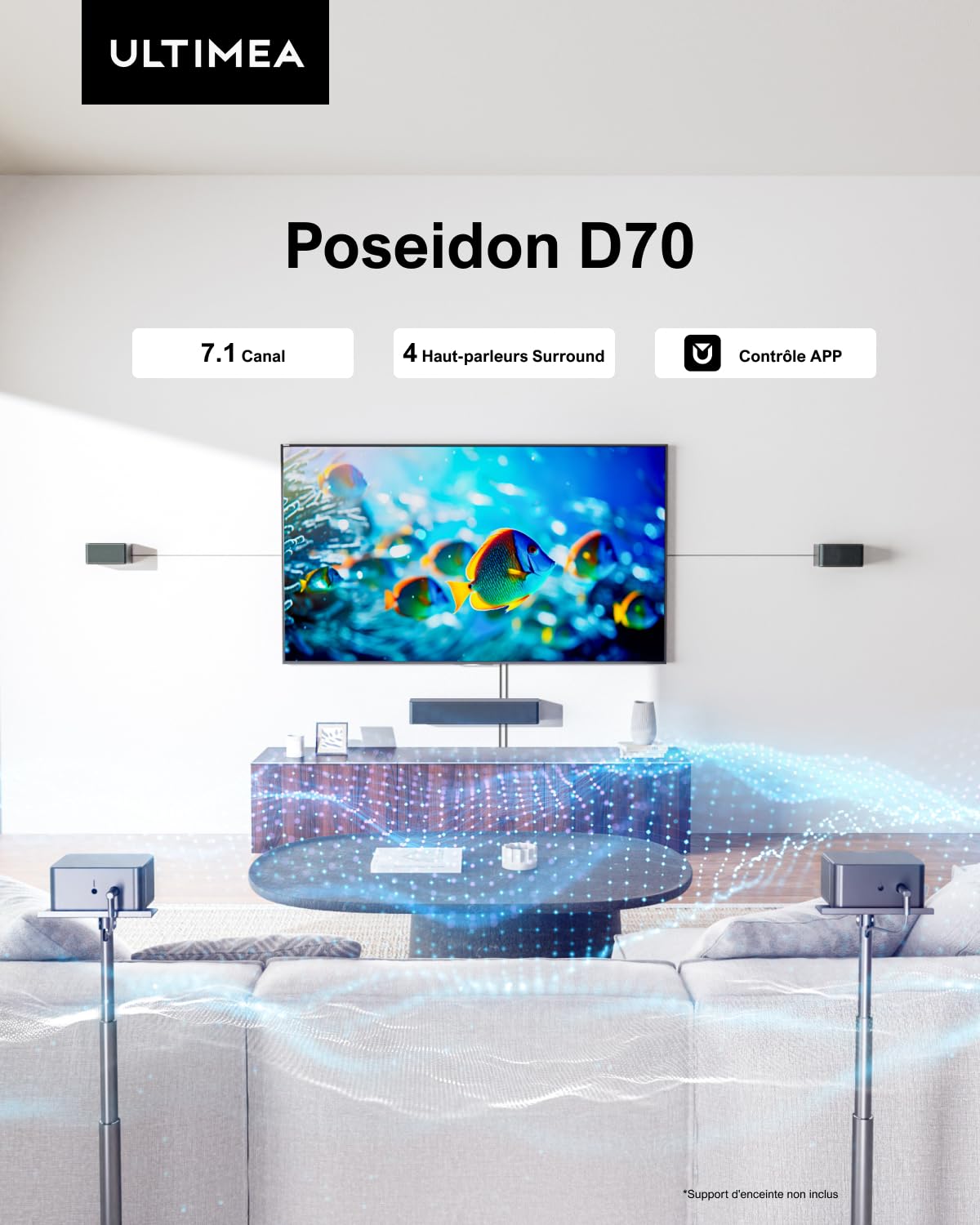 ULTIMEA 7.1ch Sound Bar with Wireless Subwoofer - Virtual Surround Sound System for TV, App Control, 4 Wired Surround Speakers - Perfect for Home Theater, Movies & Gaming (Poseidon D70 Model)