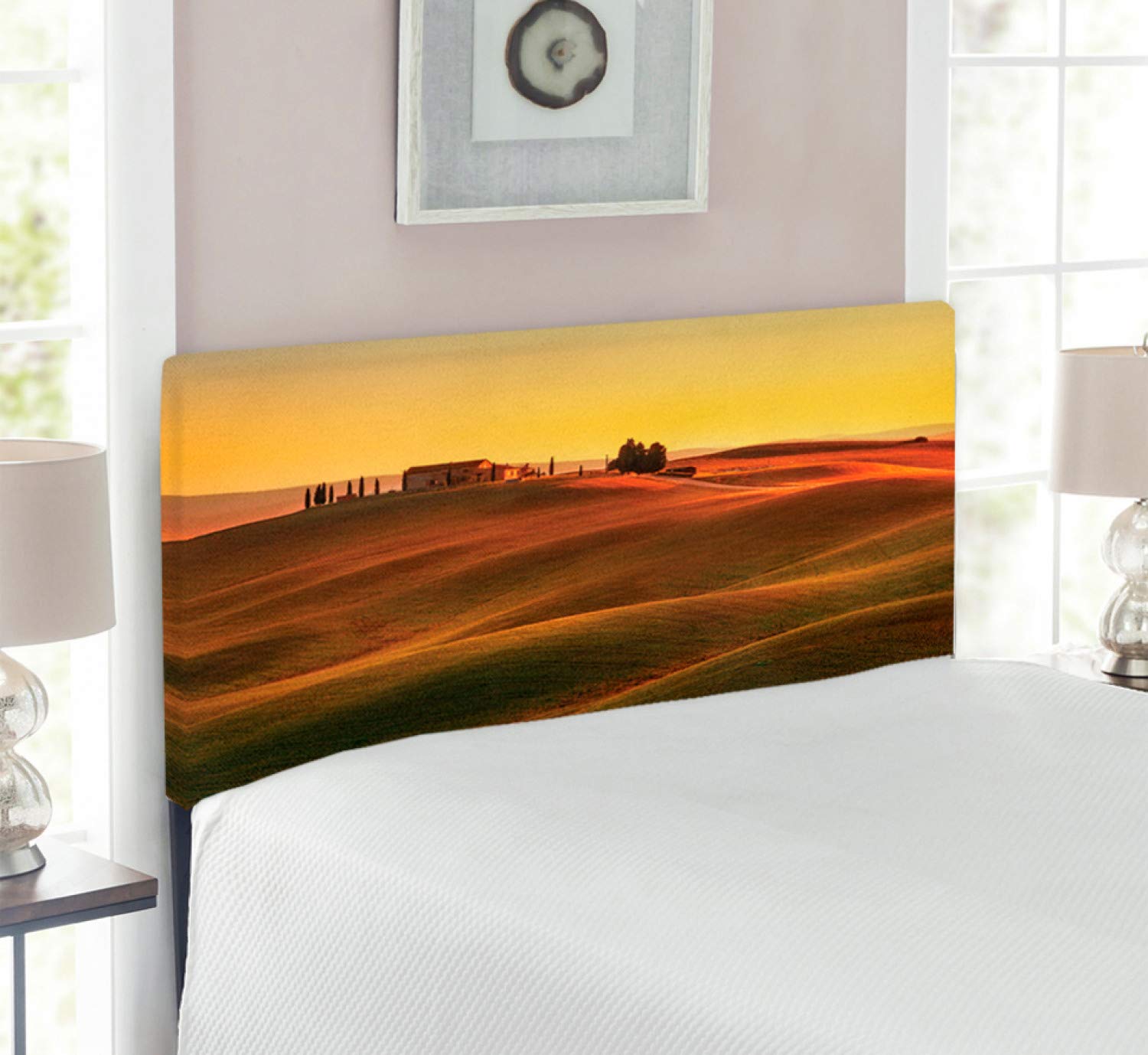 Ambesonne Italian Upholstered Headboard - European Mediterranean Countryside Farm Print Art, Twin Size, Orange & White | Decorative Metal Bed Headboard with Memory Foam | Perfect for Farmhouse, Rustic & Vintage Bedroom Decor