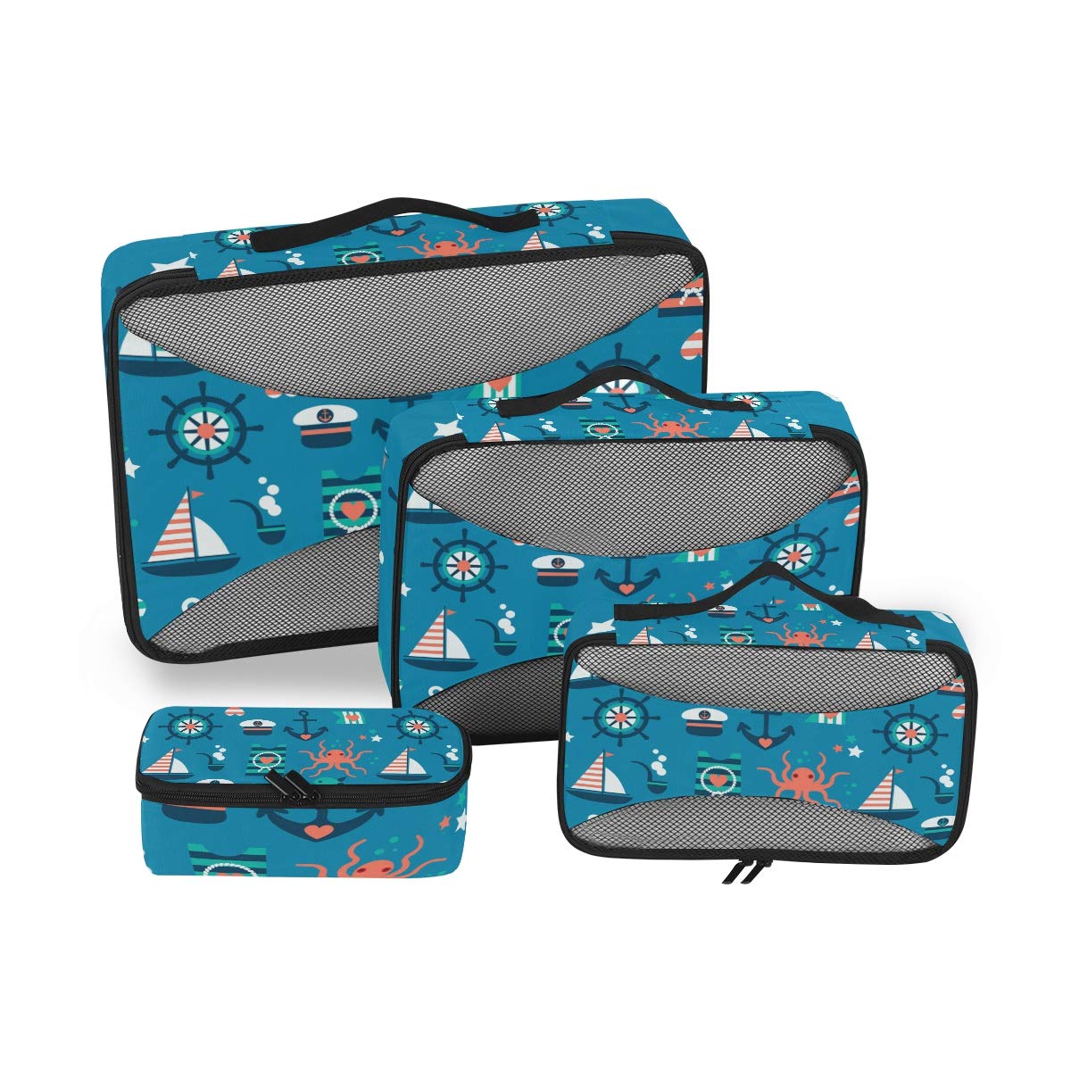Octopus Boat Luggage Packing Cubes - 4-Piece Travel Organizer Set for Toiletries, Laundry & Storage (Various Sizes) - Perfect for Kids, Women & Family Vacations, Cruise Trips & Business Travel