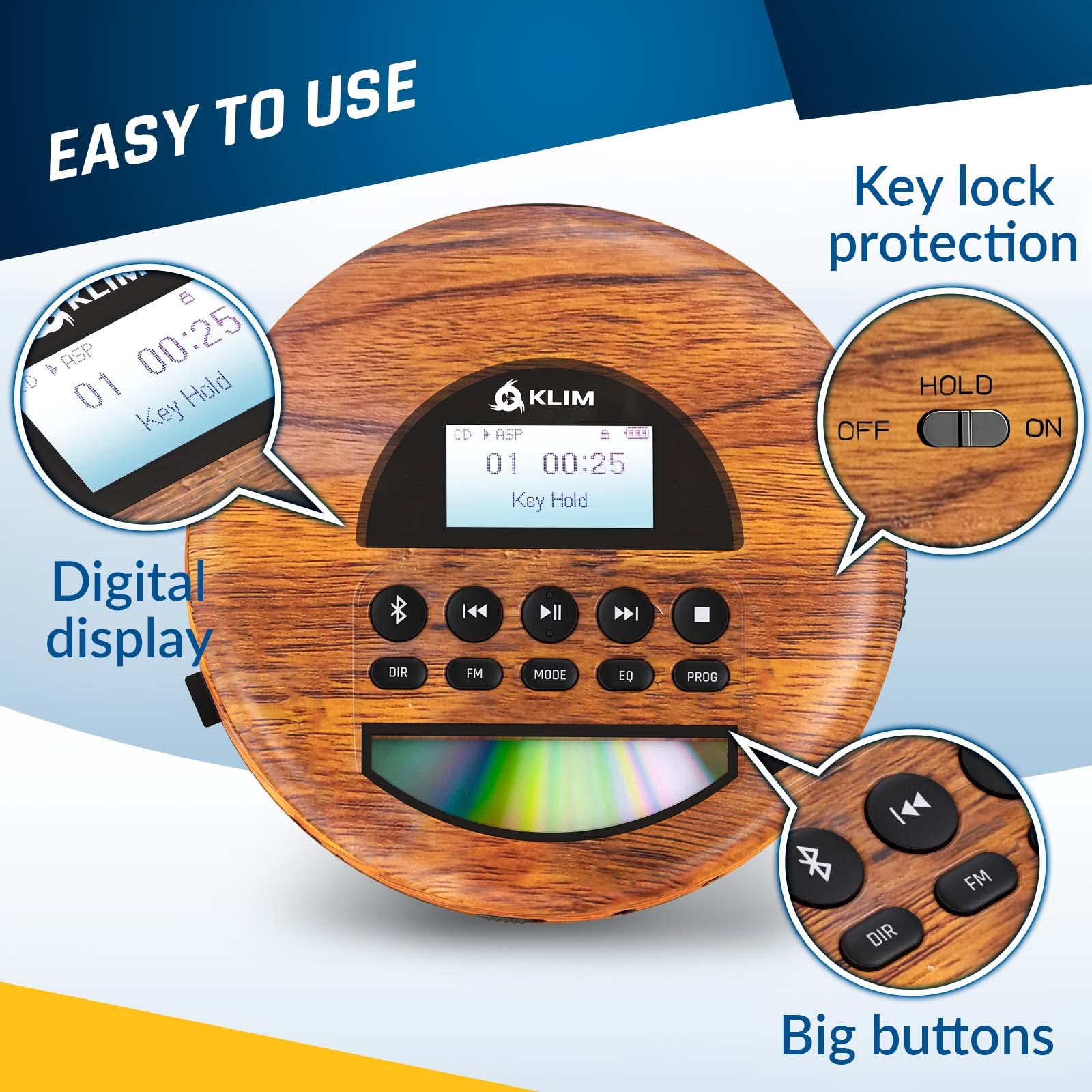 KLIM Nomad Wood Portable CD Player Walkman with FM Radio & Bluetooth - Long-Lasting Battery, Includes Headphones, MP3 & TF Card Compatible - Perfect for Car Rides, Travel & Outdoor Activities (2024 New Model)