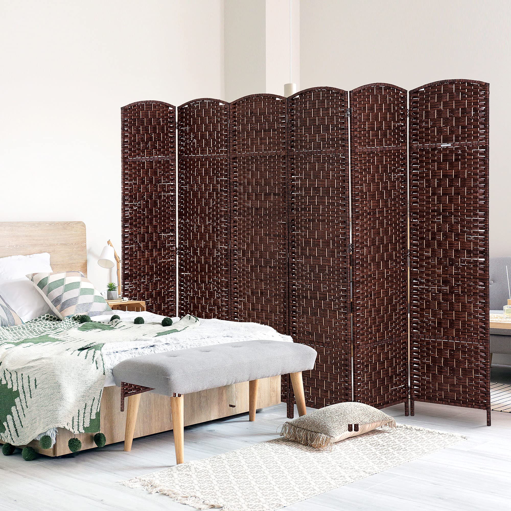HOMCOM 6FT Tall 6-Panel Folding Privacy Screen - Portable Wicker Weave Room Divider for Bedroom, Home Office, Living Room - Brown Partition Wall for Space Separation & Decoration