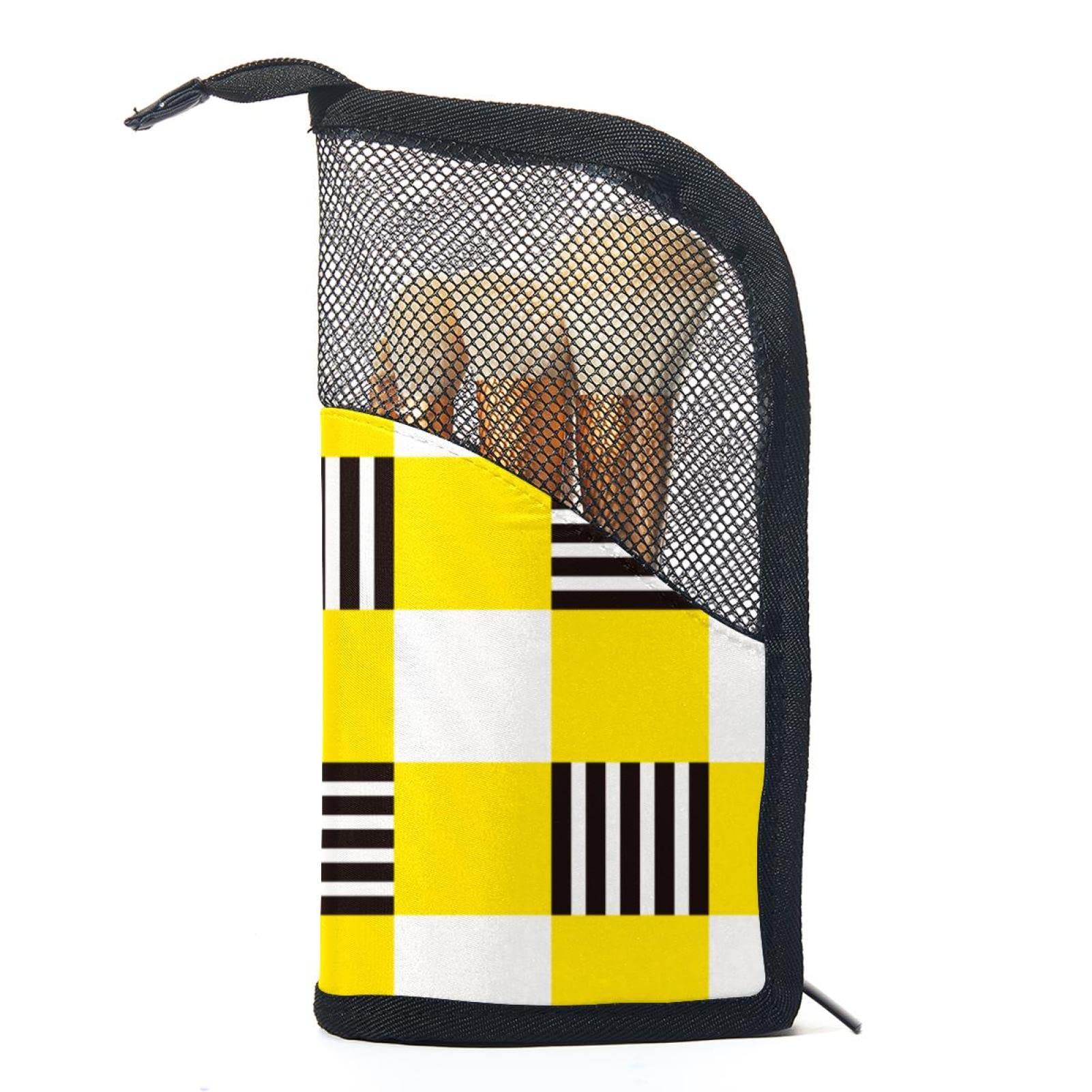 12-Piece Makeup Brush Organizer Bag - Portable Waterproof Cosmetic Brush Holder Case with Yellow White Black Striped Plaid Design | Perfect for Travel, Home Vanity & Professional Makeup Artists